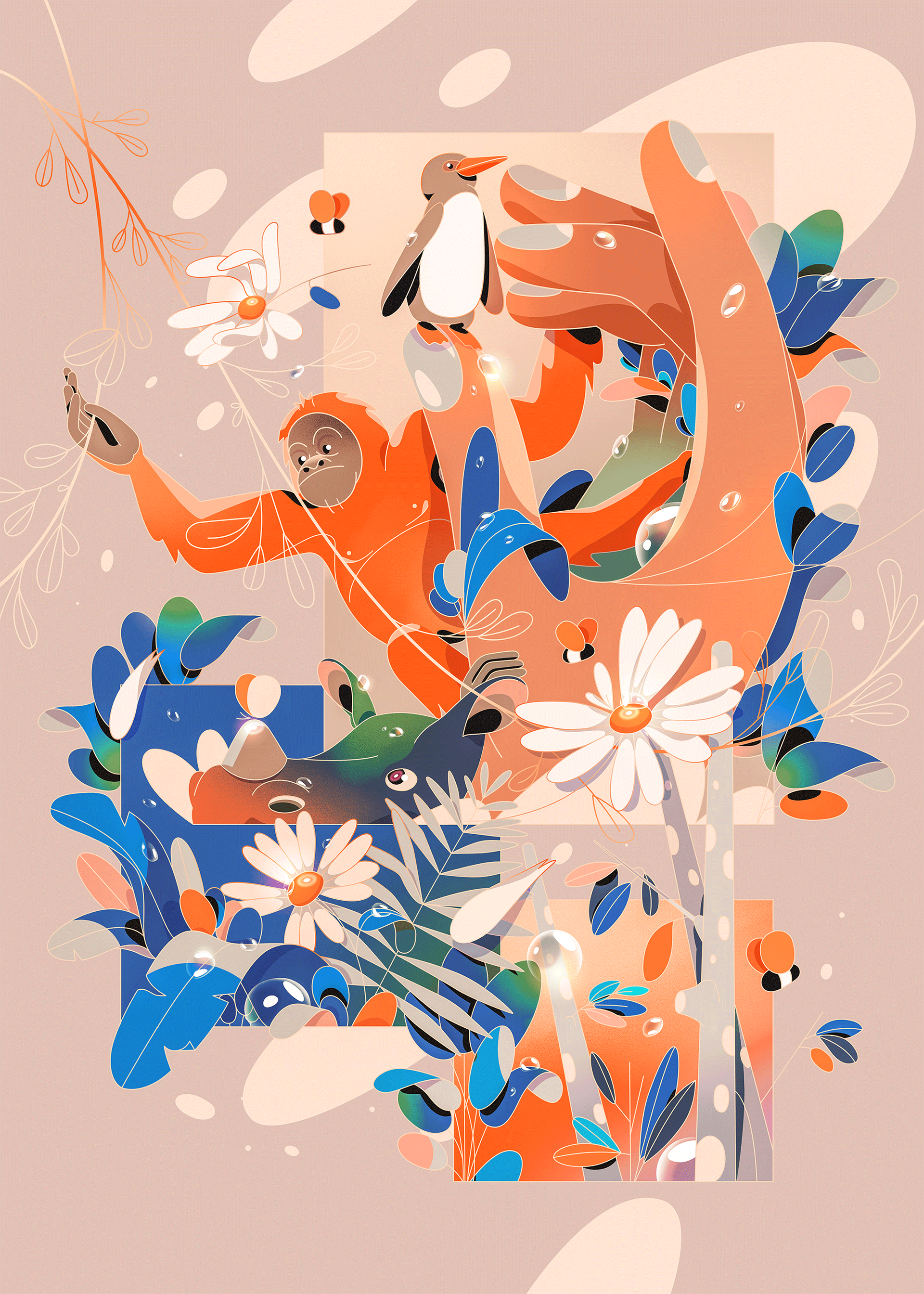 Composition of orangutan, penguins, flowers, trees and bees. Containing a busy biodiversity.