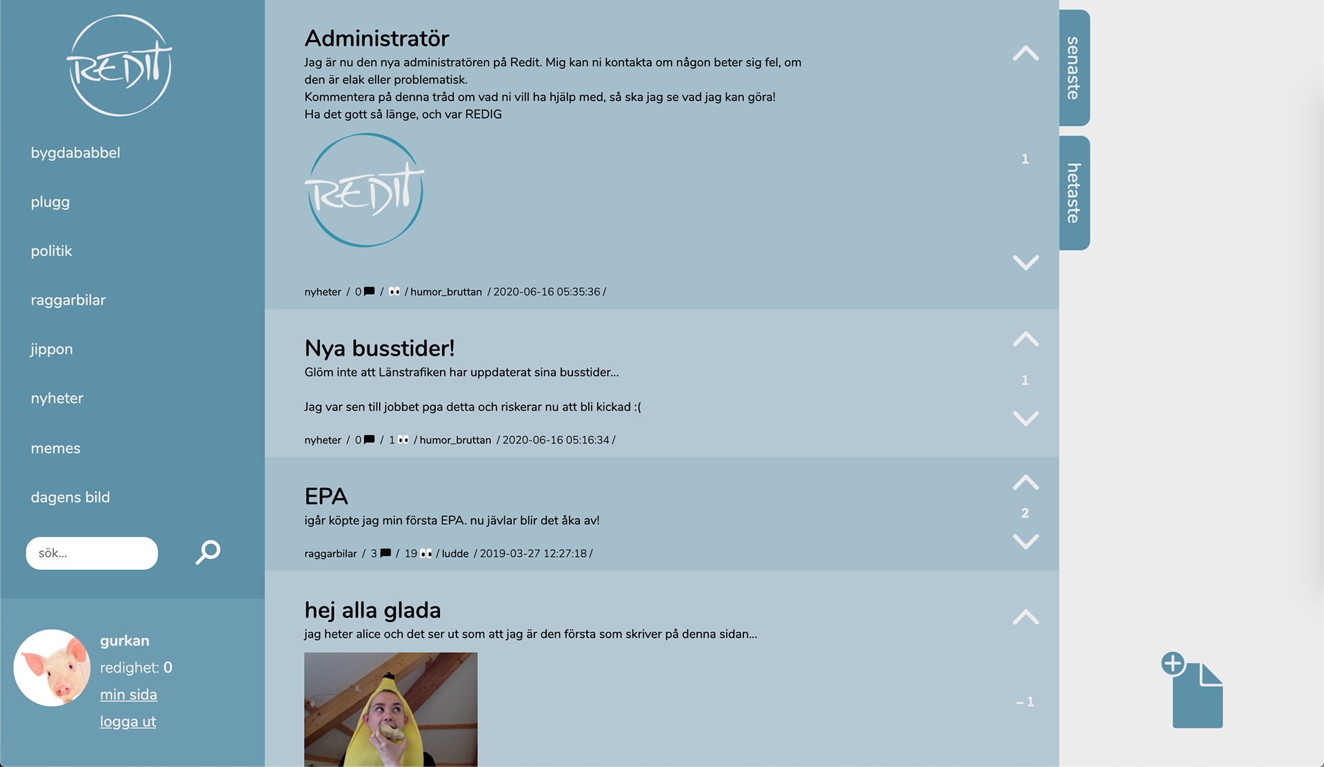 View a timeline of posts, where you can sort posts by most liked ("hetaste") or most recent ("senaste").