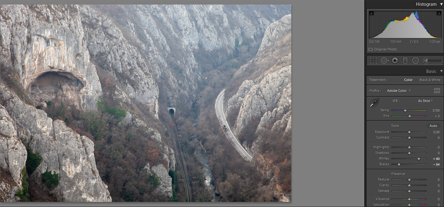 Print screen of Adobe Lightroom showing photo and a histogram where contrast was added by reducing blacks and increasing whites