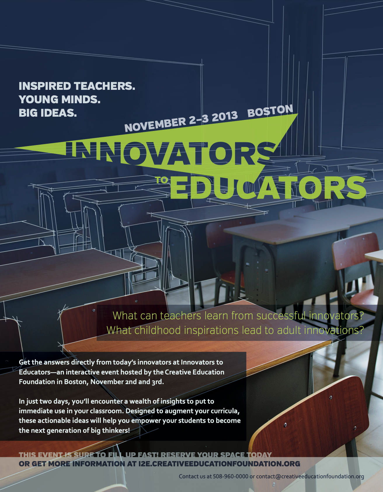 Innovators to Educators flyer. A classroom filled with desks. A dark blue gradient, heavy at the top, lighter to the bottom. White lines overlay the desks in the distance, becoming less present to the foreground. These imply a blueprint.