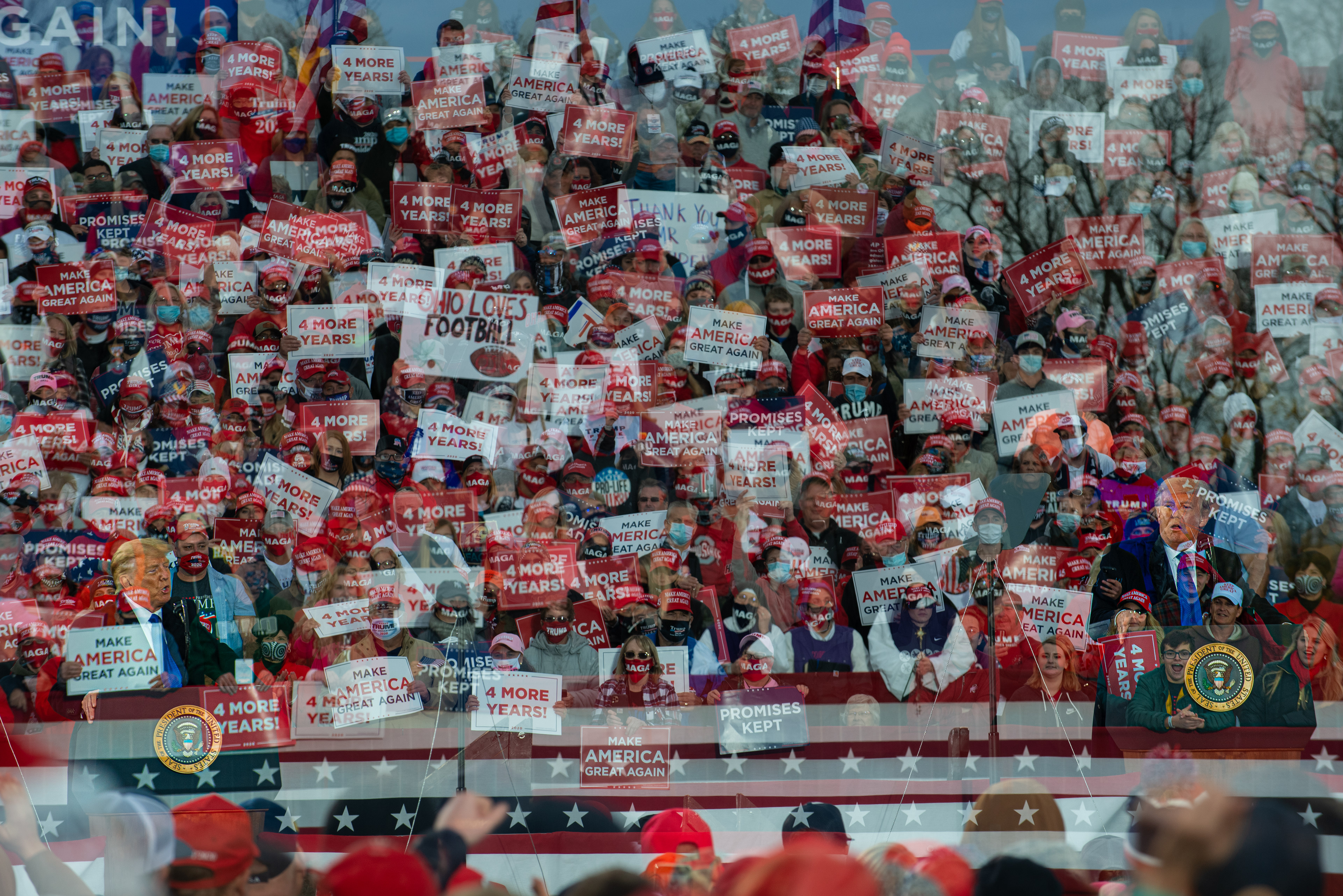A double exposure of President Donald Trump at a Trump campaign rally in Circleville, Ohio on Oct. 24, 2020.