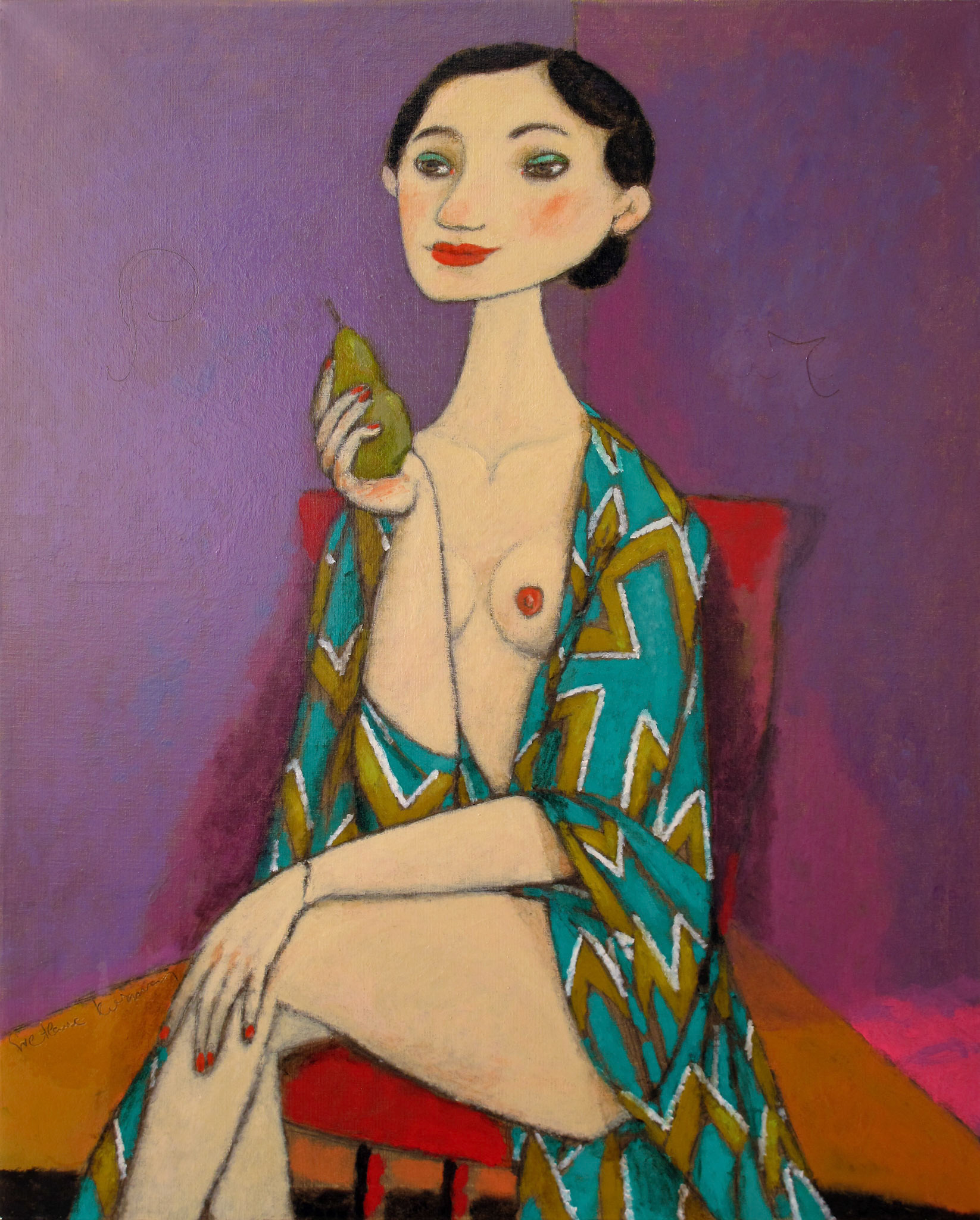 LADY IN SILK ROBE, oil on canvas, 90x70cm.