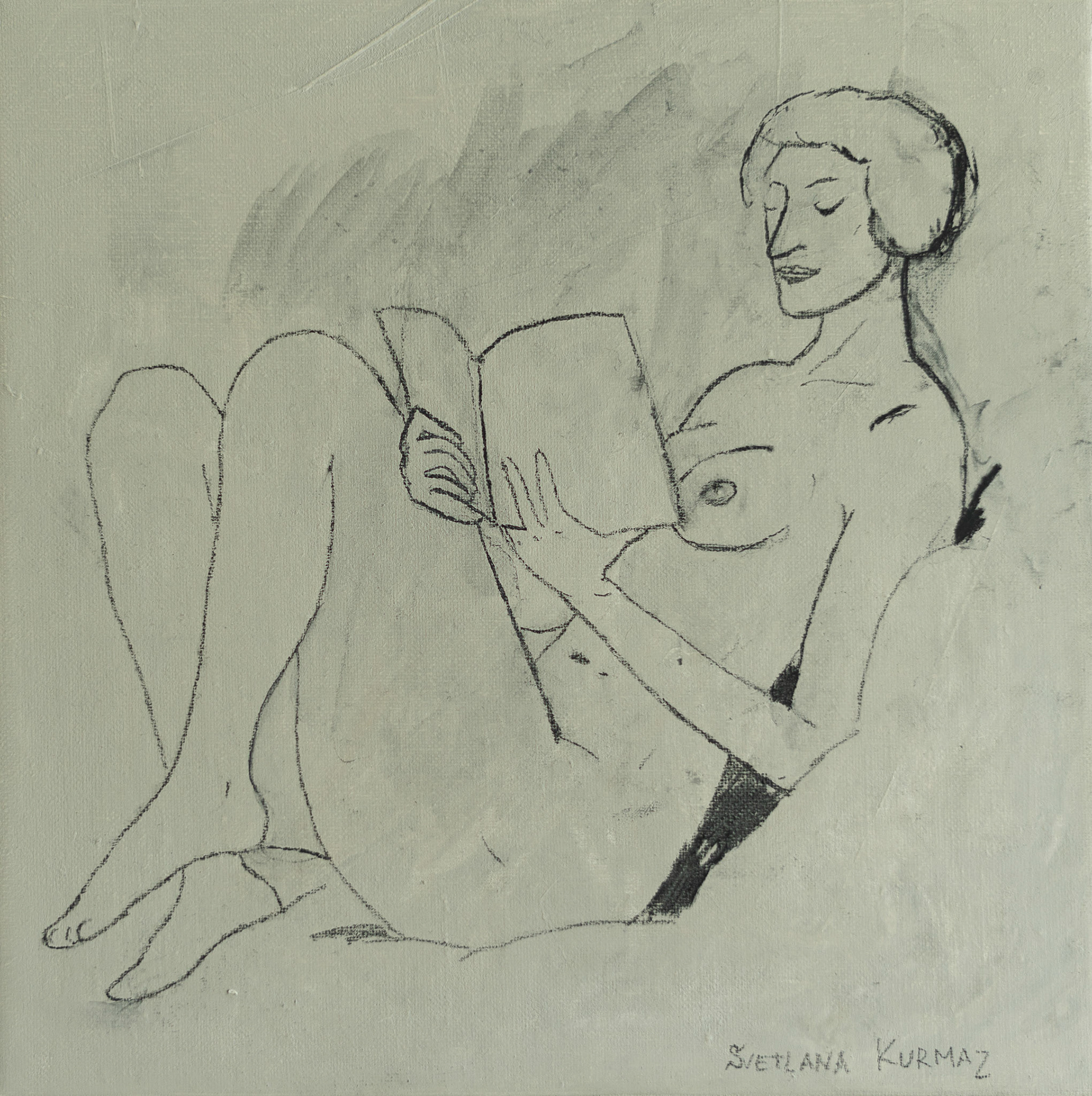 WOMAN READING A BOOK, charcoal on canvas, 24x24cm. /SOLD/