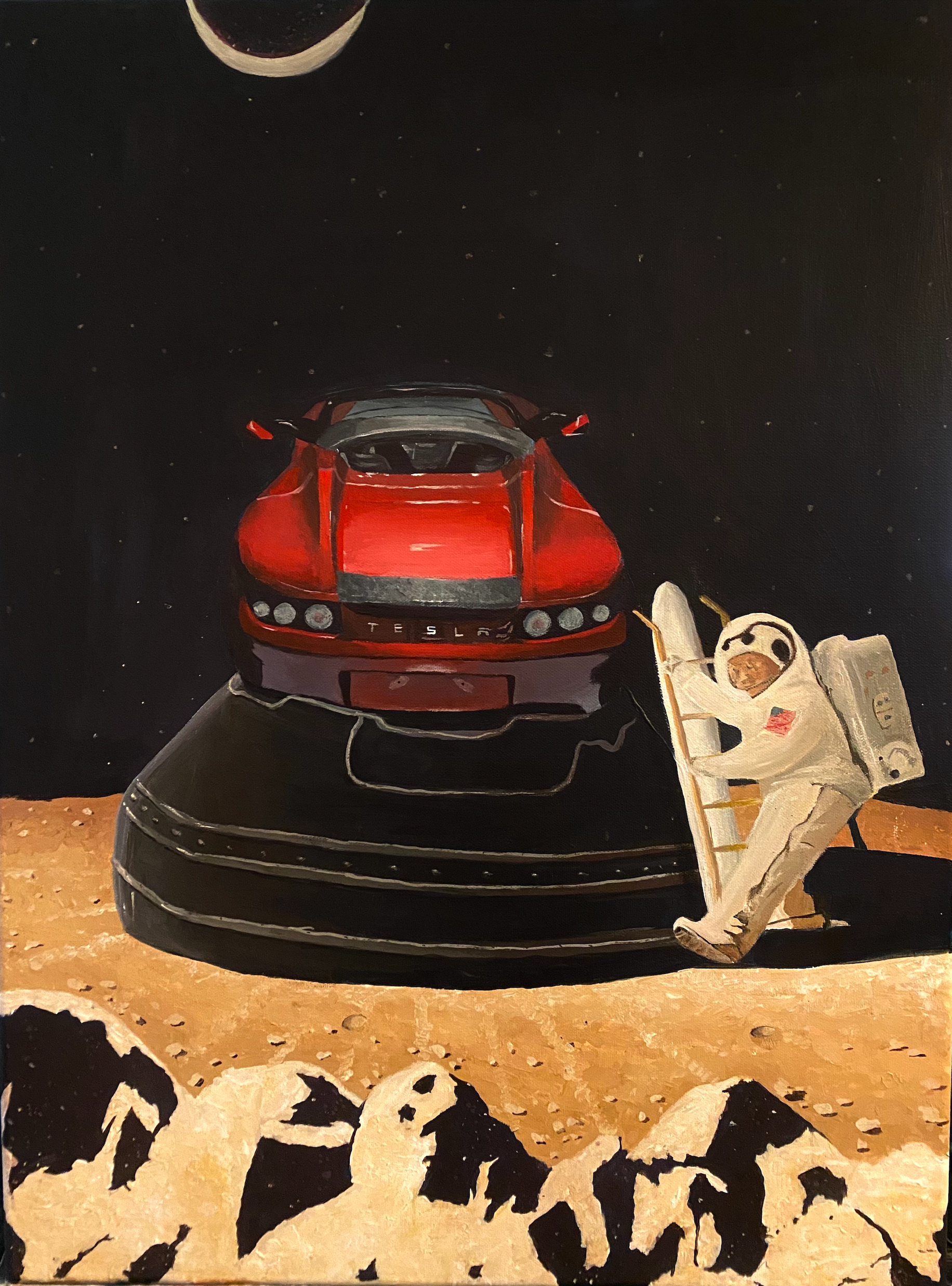 Acrylic, Normal Rockwell+ Tesla Roadster "Moon Landing"