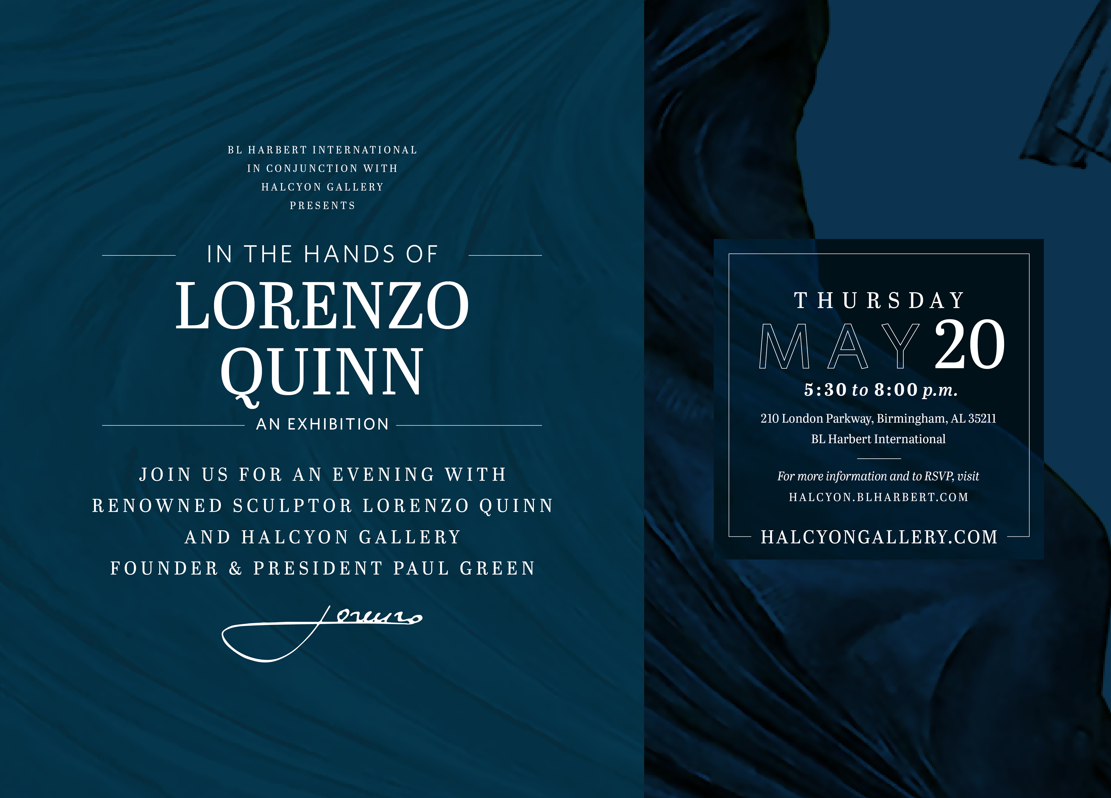 Emailable Save-the-Date for Lorenzo Quinn's state-side exhibition and unveiling of new works.