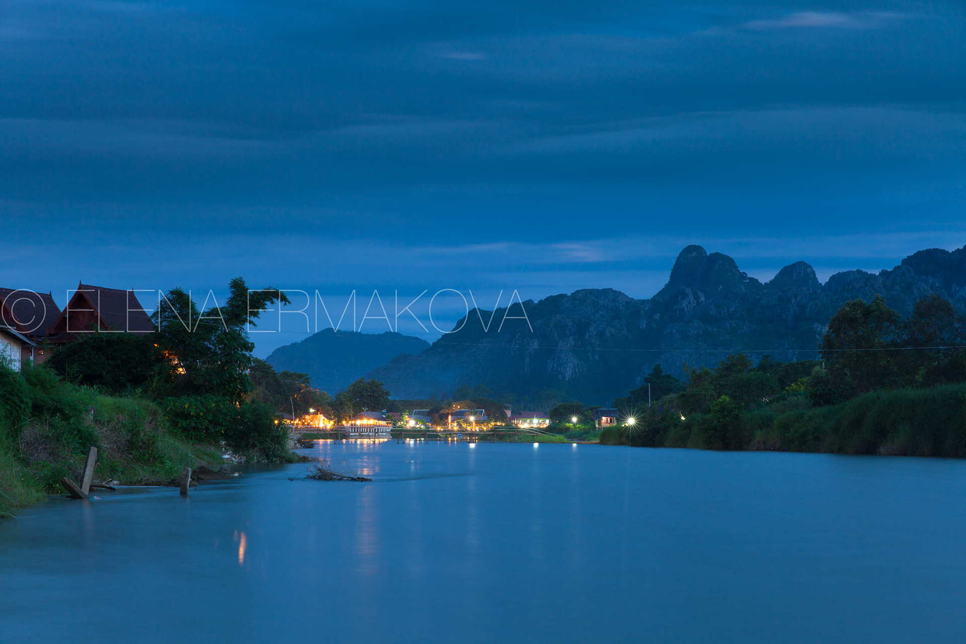 Nam Song river after sunset, Vang Vieng village, Laos.