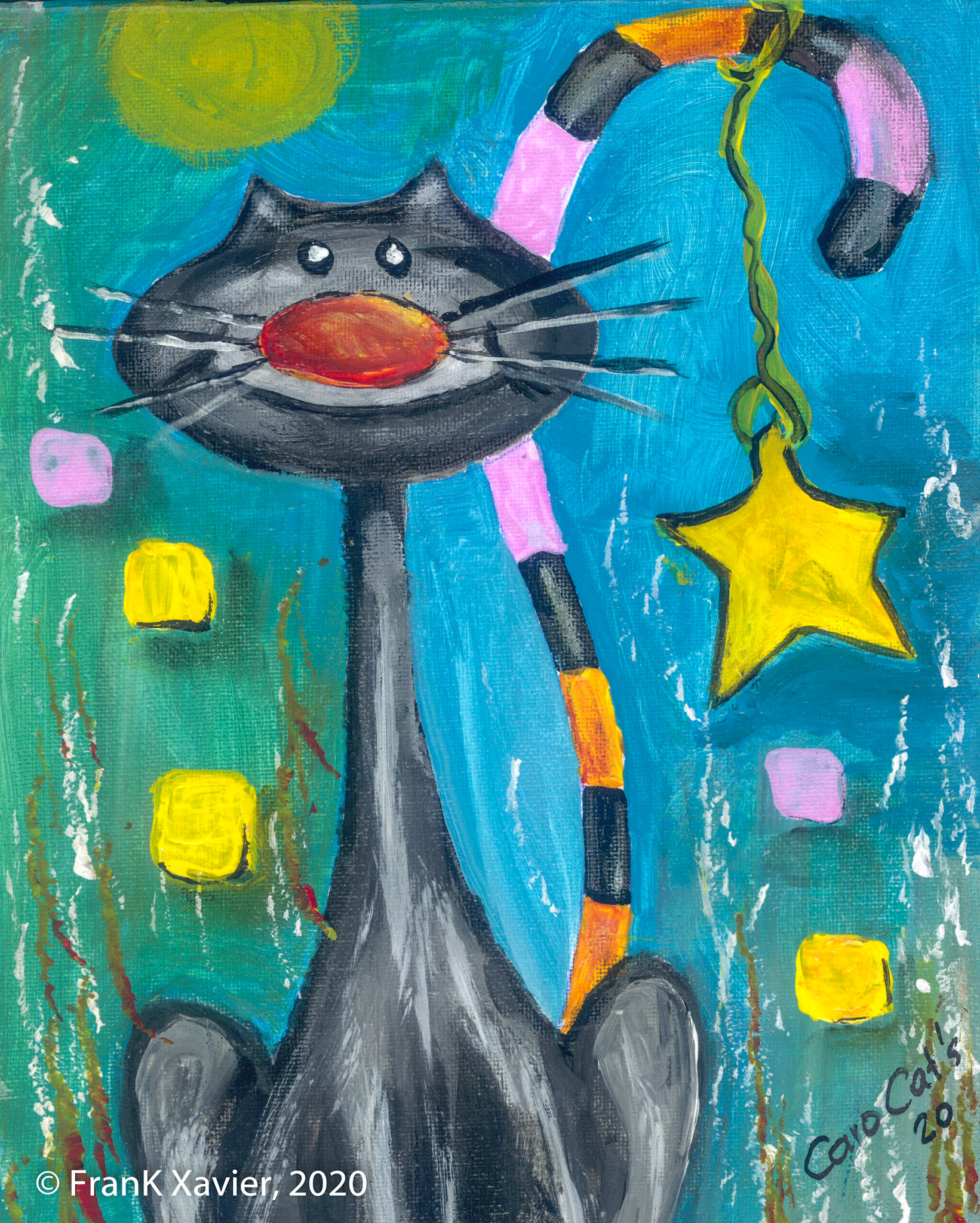 Aus der Serie Caro Cats, Originale Frank Xavier, Acryl auf Leinwand, 20 mal 30 cm