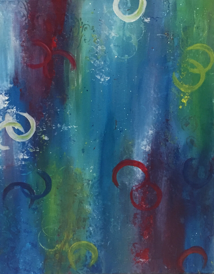 "Wonderland" | 16" x 20" | Acrylic on canvas | I started this piece with blending the three primary colors and white together. I used a sponge to create texture in some sections of the painting. I used the bottom of a cup to create some circles in the background and also painted circles freehand.