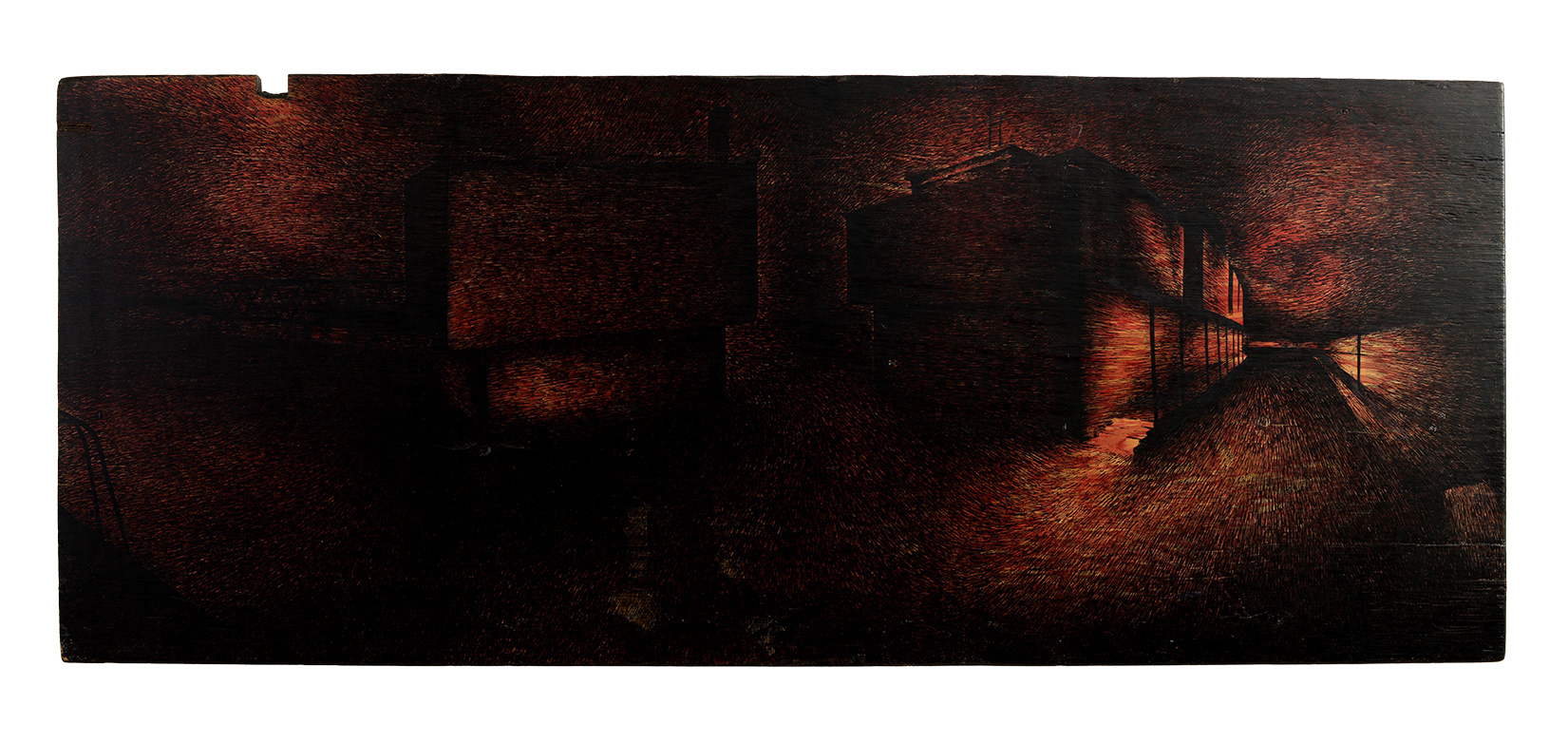 »Brandshofhalle«, 2007, marker on wood, 200 × 81 cm, Artwork by Lena Schmidt, www.lenaschmidt.com, Art, Wood, Drawing, Painting, Carving