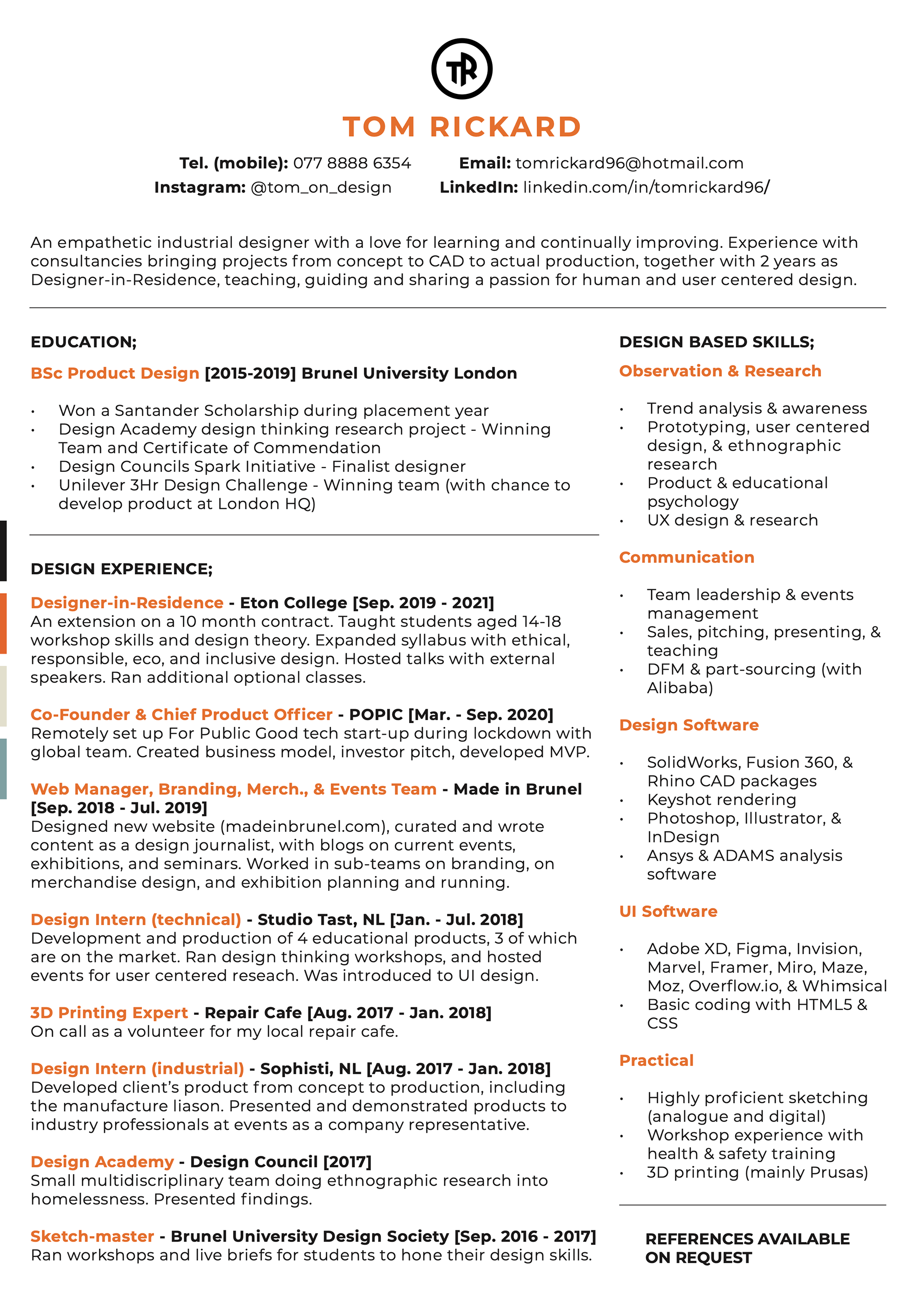 tom rickard industrial designer cv with product design at brunel university london