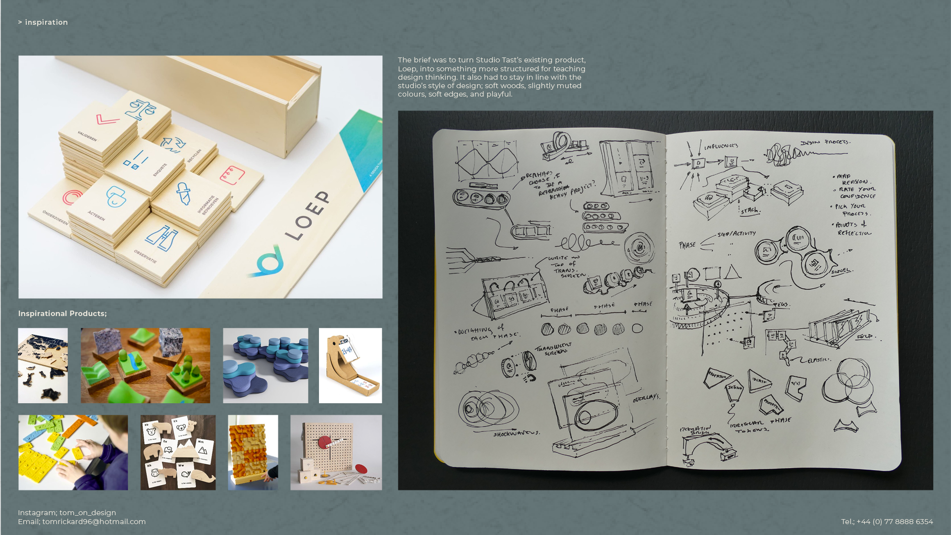 inspirational learning tools and loep design thinking product alongside ideation sketches of groow in sketchbook