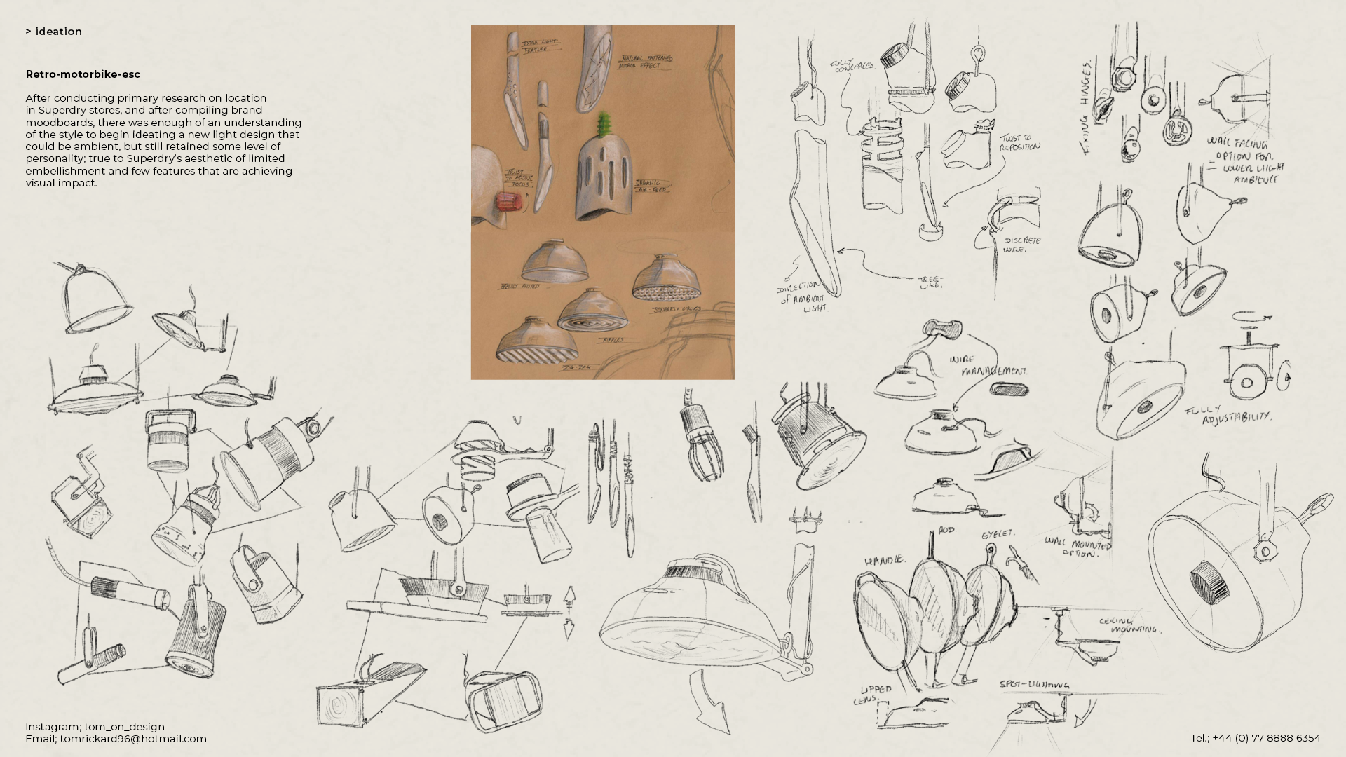 ideation sketches of lighting designs for corsair luminaire and sketches exploring details