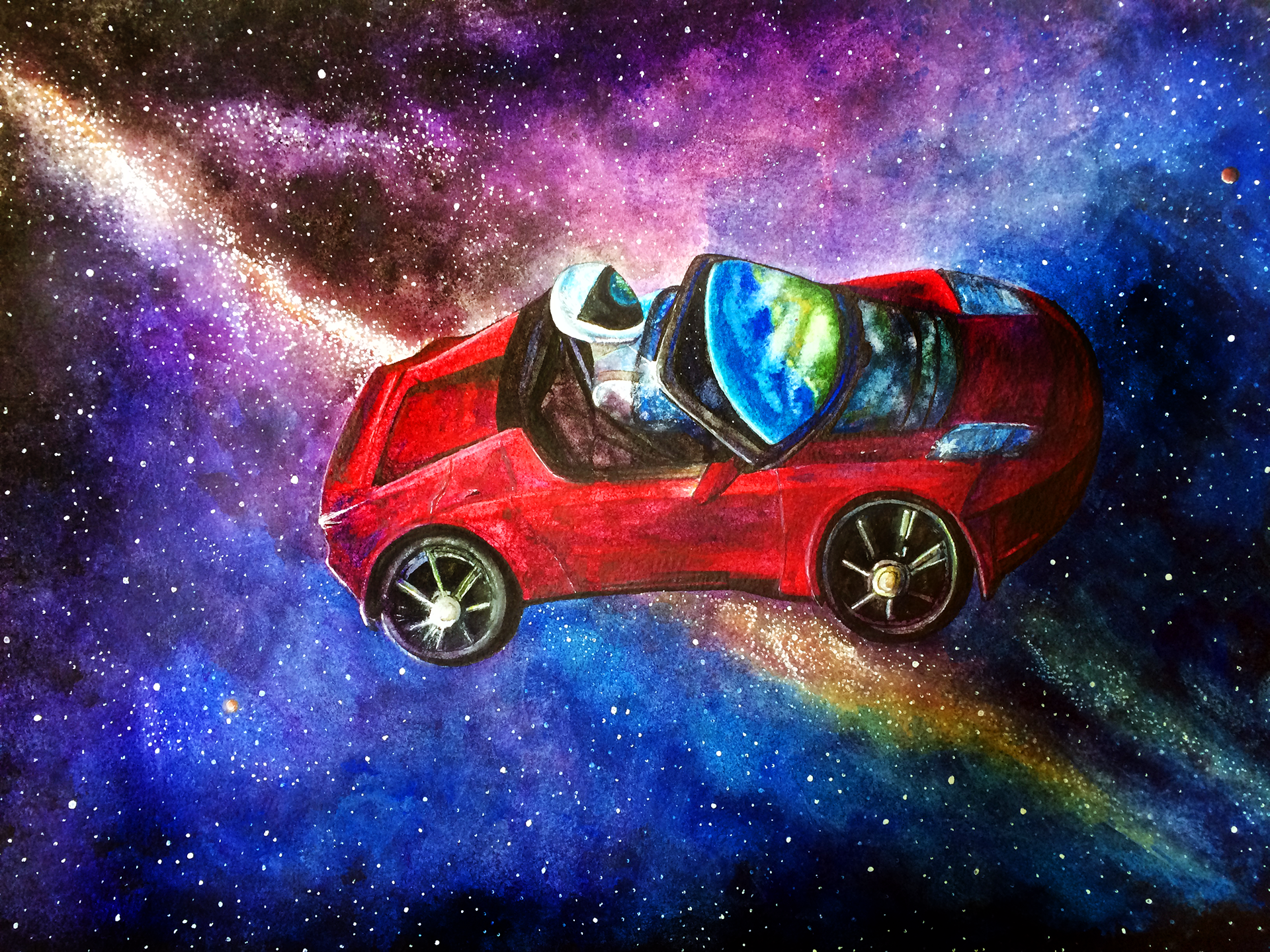 A fun painting of the Tesla Roadster and Starman in space from the SpaceX Falcon Heavy mission in 2018