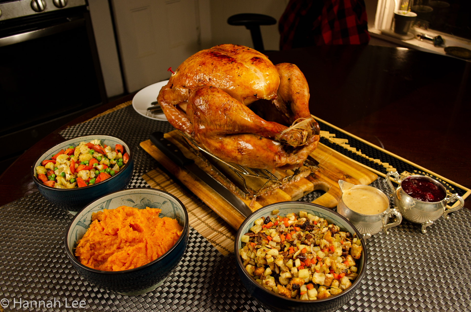 Turkey with stuffing, butternut squash mash, carrots/ peas/ celery, gravy, and cranberry sauce, all made from scratch, for Thanksgiving. Taken by Hannah Lee on November 26, 2020 in Somerville, MA. 1/60 second f 4.0 20mm iso 250