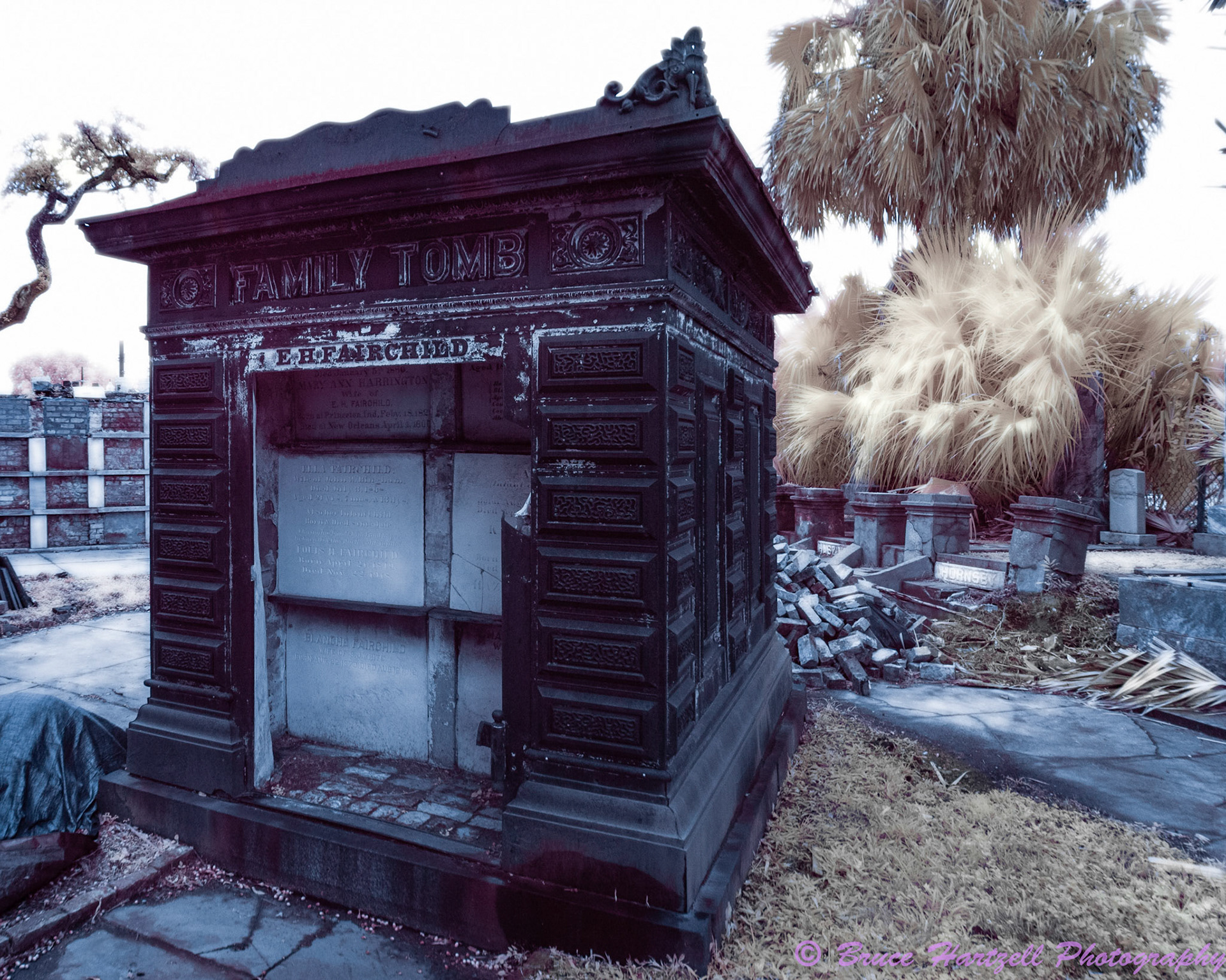 Oddfellows Cemetery, New Orleans, Louisiana. Infrared. PS, LR, Silver Effects Pro adjustments. See and share more like this at:  http://aayyeeee.myportfolio.com