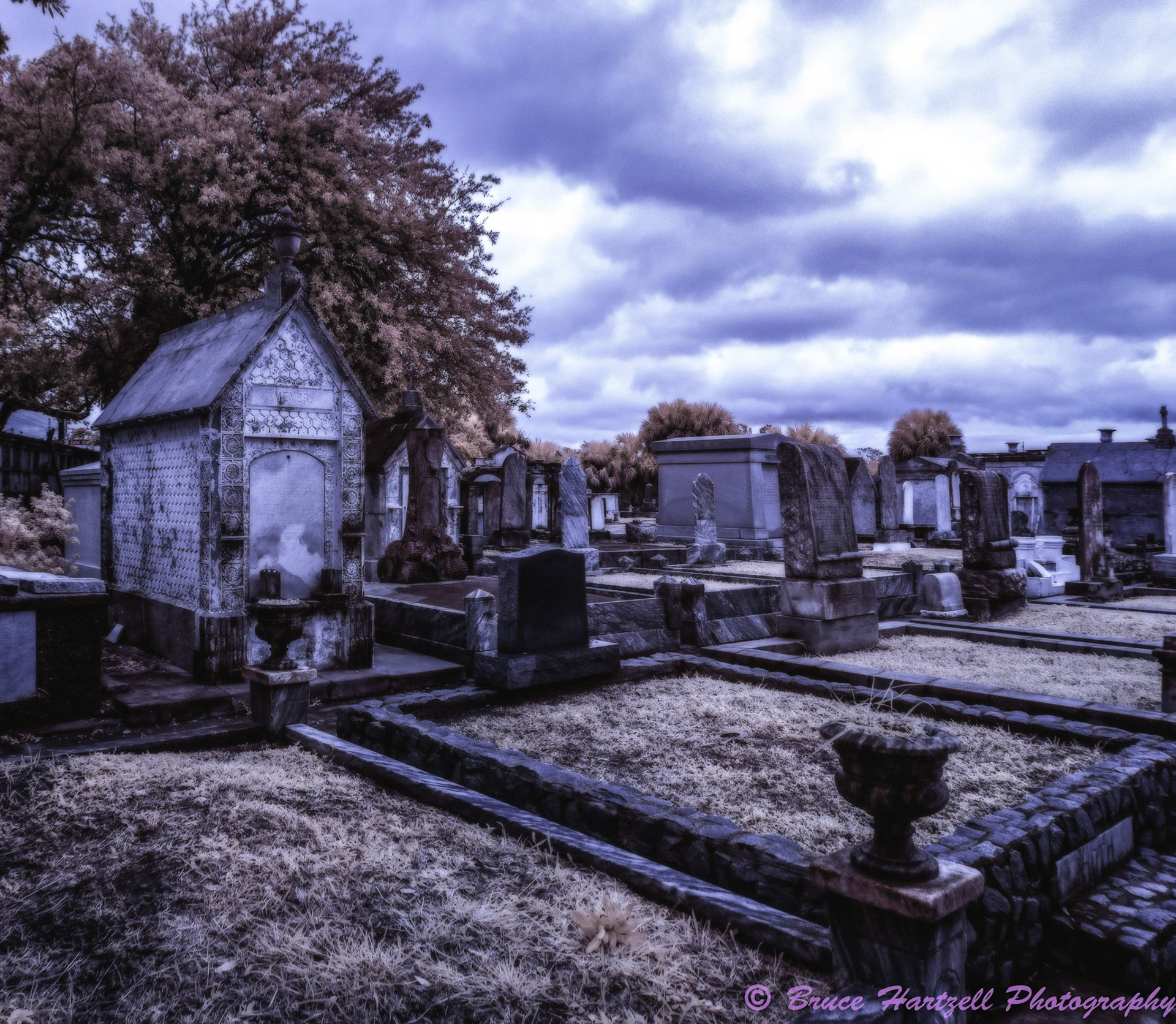 Meyer. Oddfellows Cemetery, New Orleans, Louisiana. Infrared. PS, LR, Color Effects Pro adjustments. See and share more like this at:  http://aayyeeee.myportfolio.com