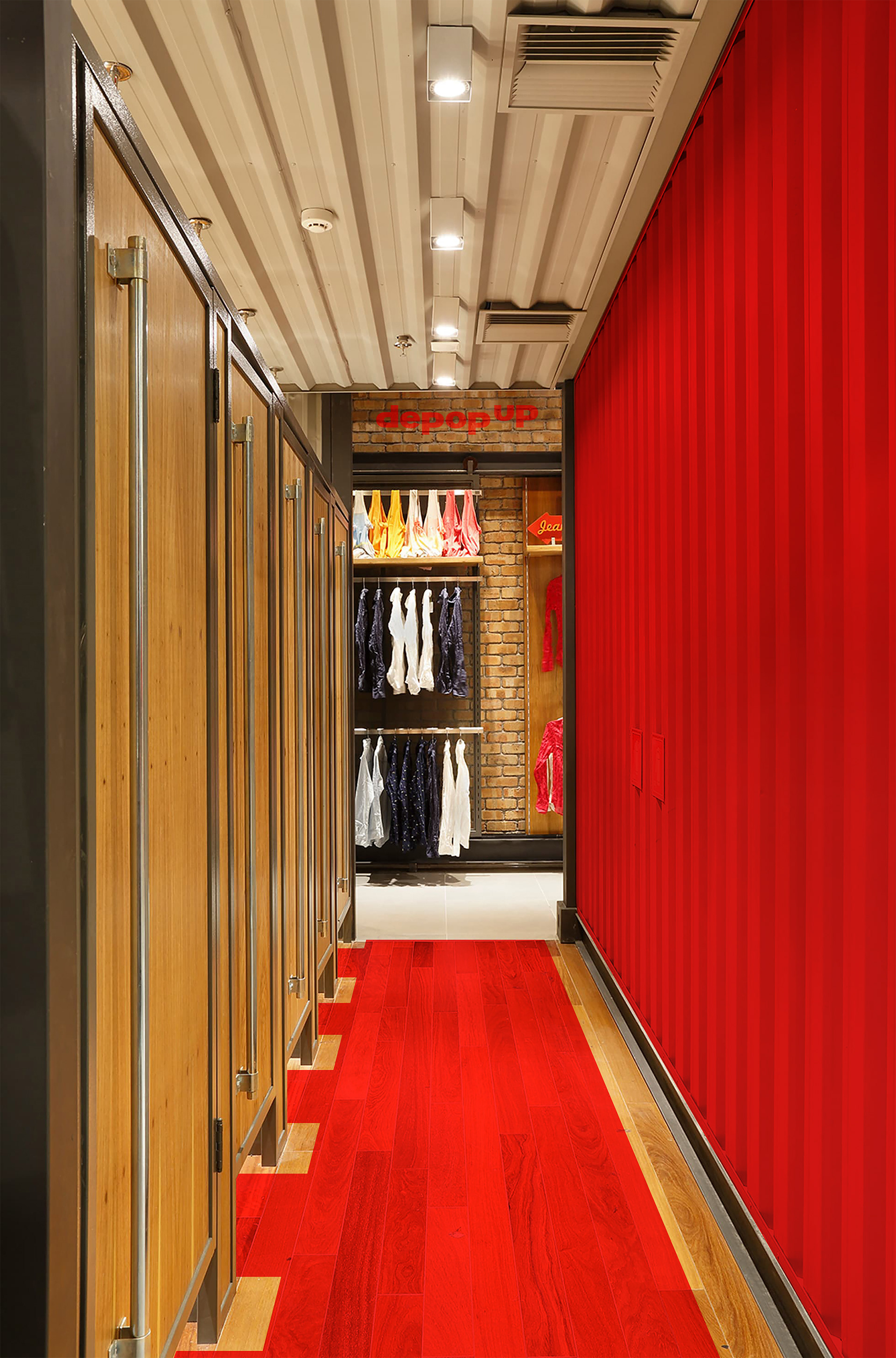 Depop red as catwalk flooring from the changing rooms.