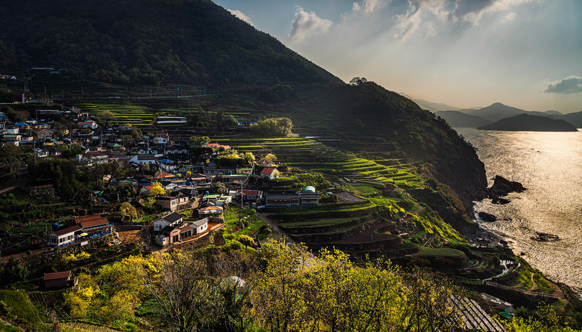 Gacheon Village, South Korea - 18 APRIL 2020: Namhae is a beautiful coastal area of Korea along the southern Coast. Gacheon Village is famous for its terraced Darengi Rice Paddies.