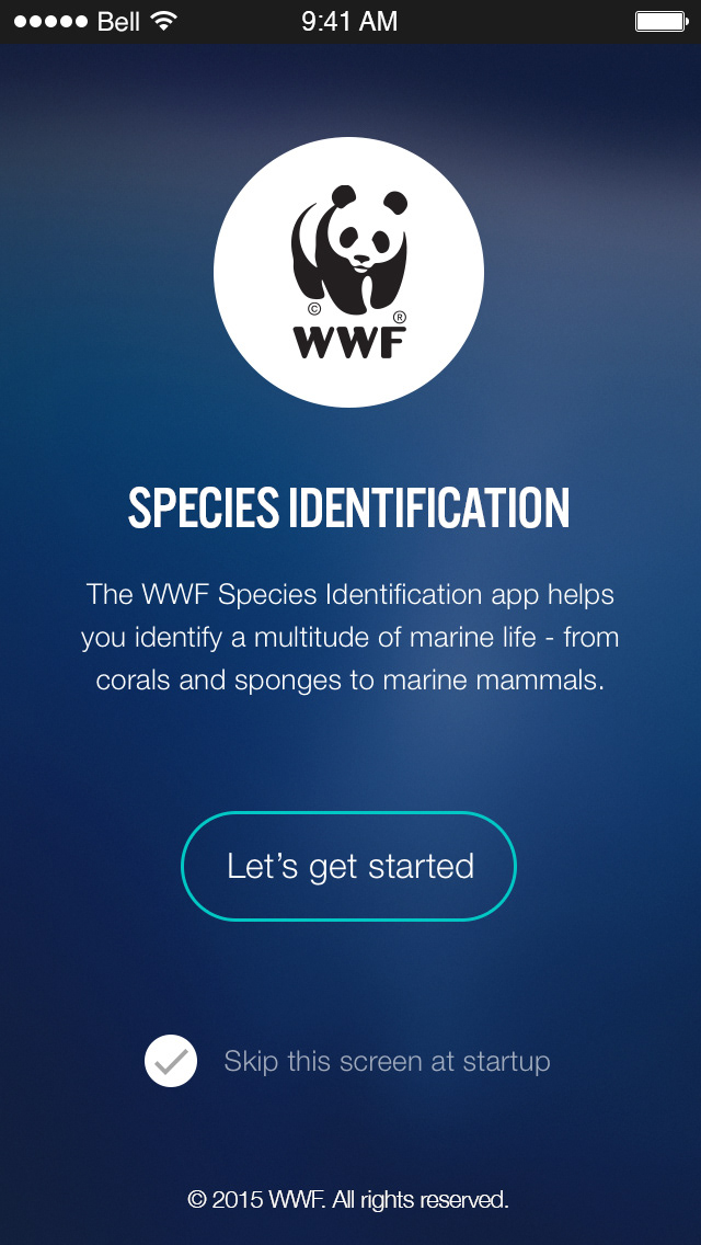 WWF species identification app start screen.