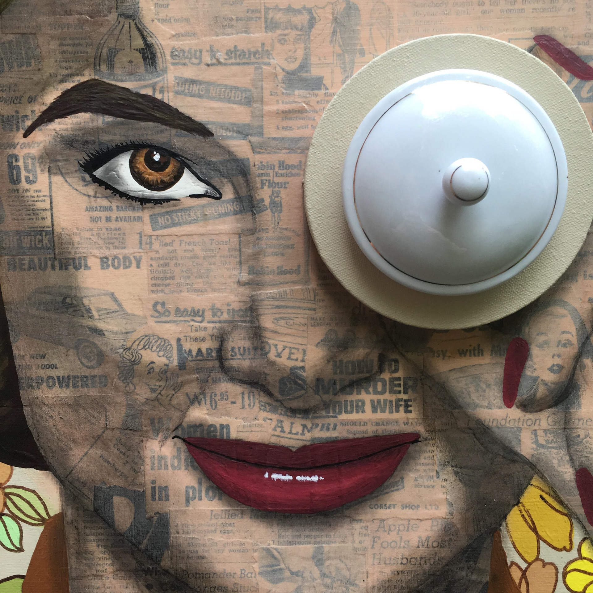 Barb (It's A Man's World), acrylic, graphite, newspaper clippings and vintage teapot lids on panel, framed, 24"x24" ©Ginger Sedlarova 2019