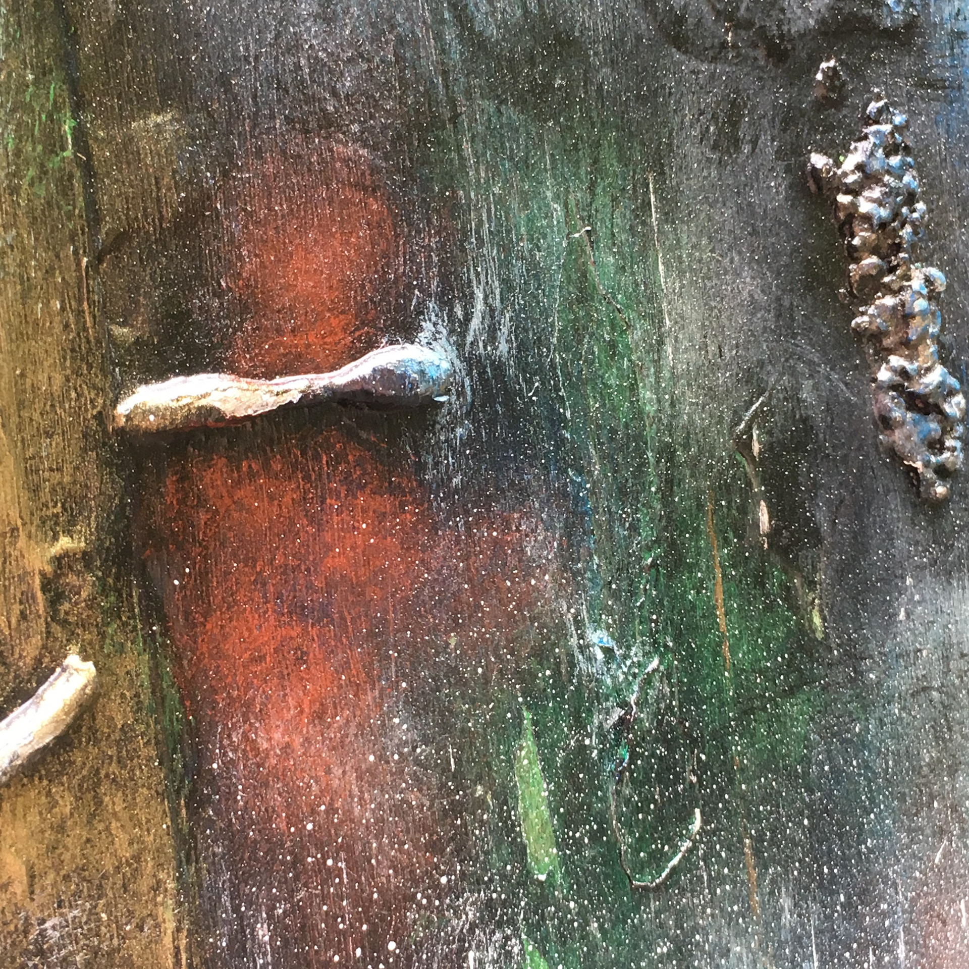 Intersection At Night (Walking With Hugo), detail, acrylic and solder on metal panels, 20"x20" ©Ginger Sedlarova 2019