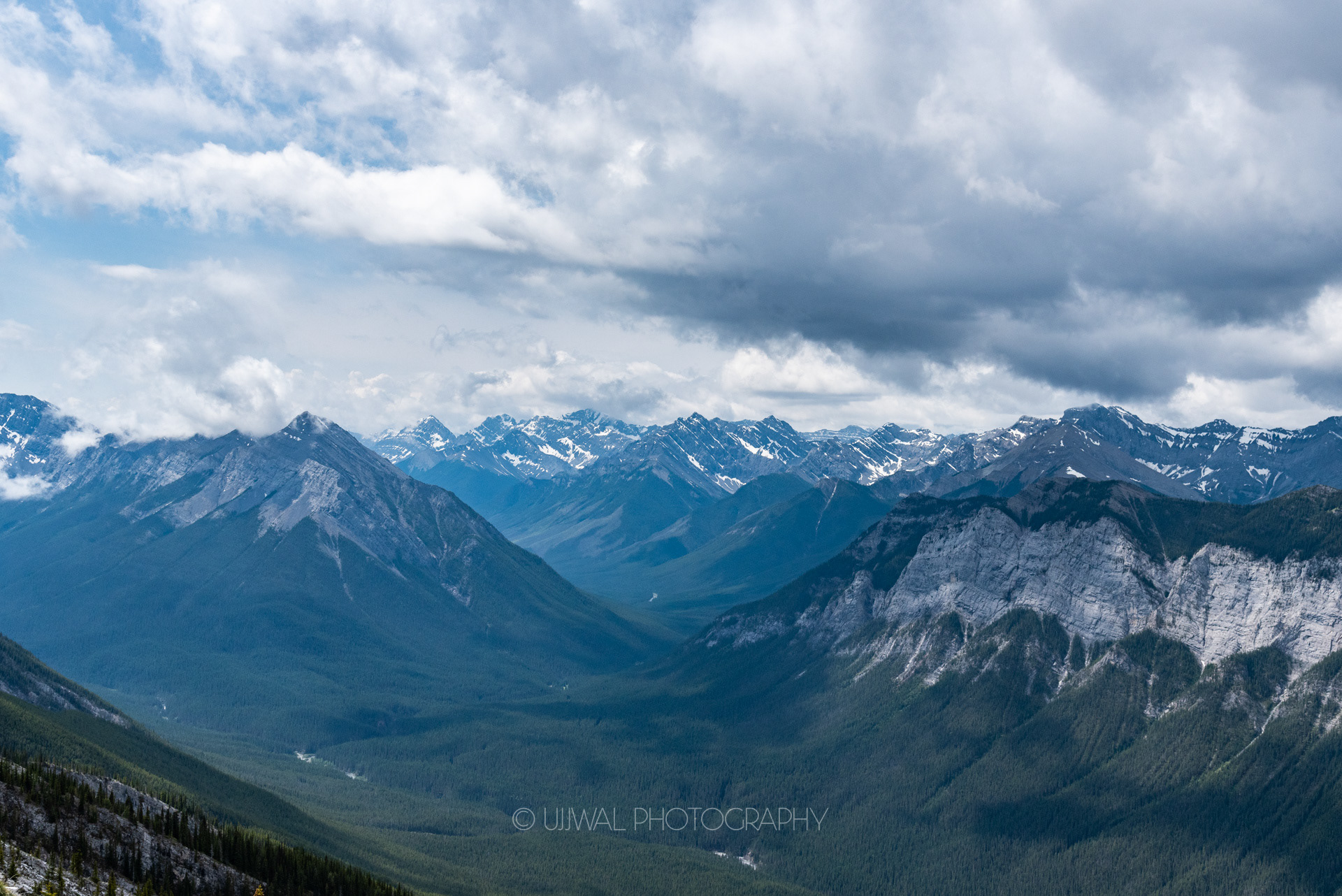 View of Rocky Mountains from Mount Rundle, Alberta, Canada