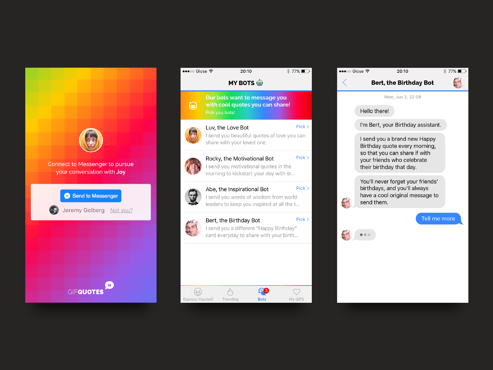 Visuel représentant les écrans de connexion à Messenger pour discuter avec un bot qui enverra une citation chaque matin.