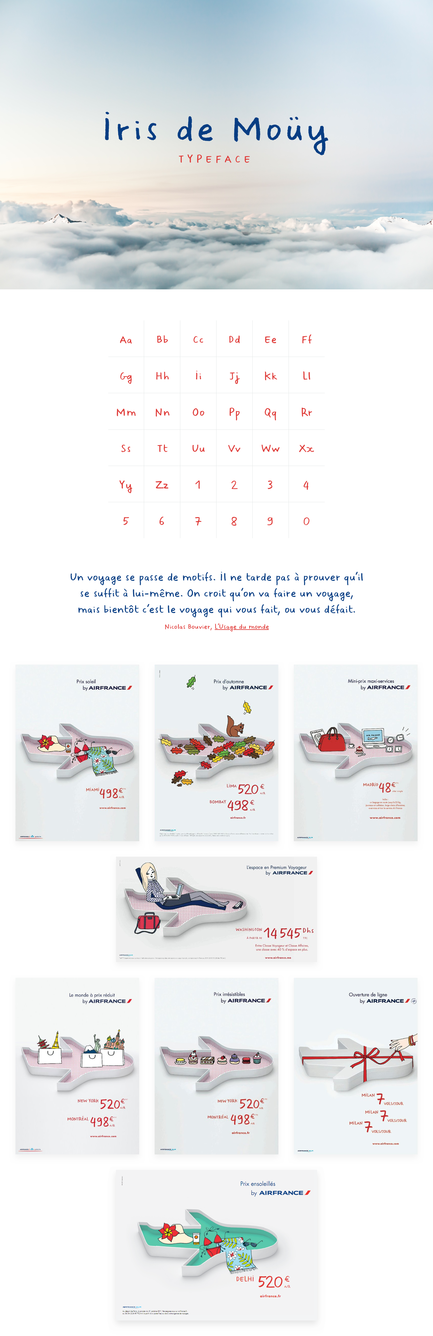 Visuel représentant la police de caractère Iris de Mouy en situation dans des affiches de campagne pour Air France.