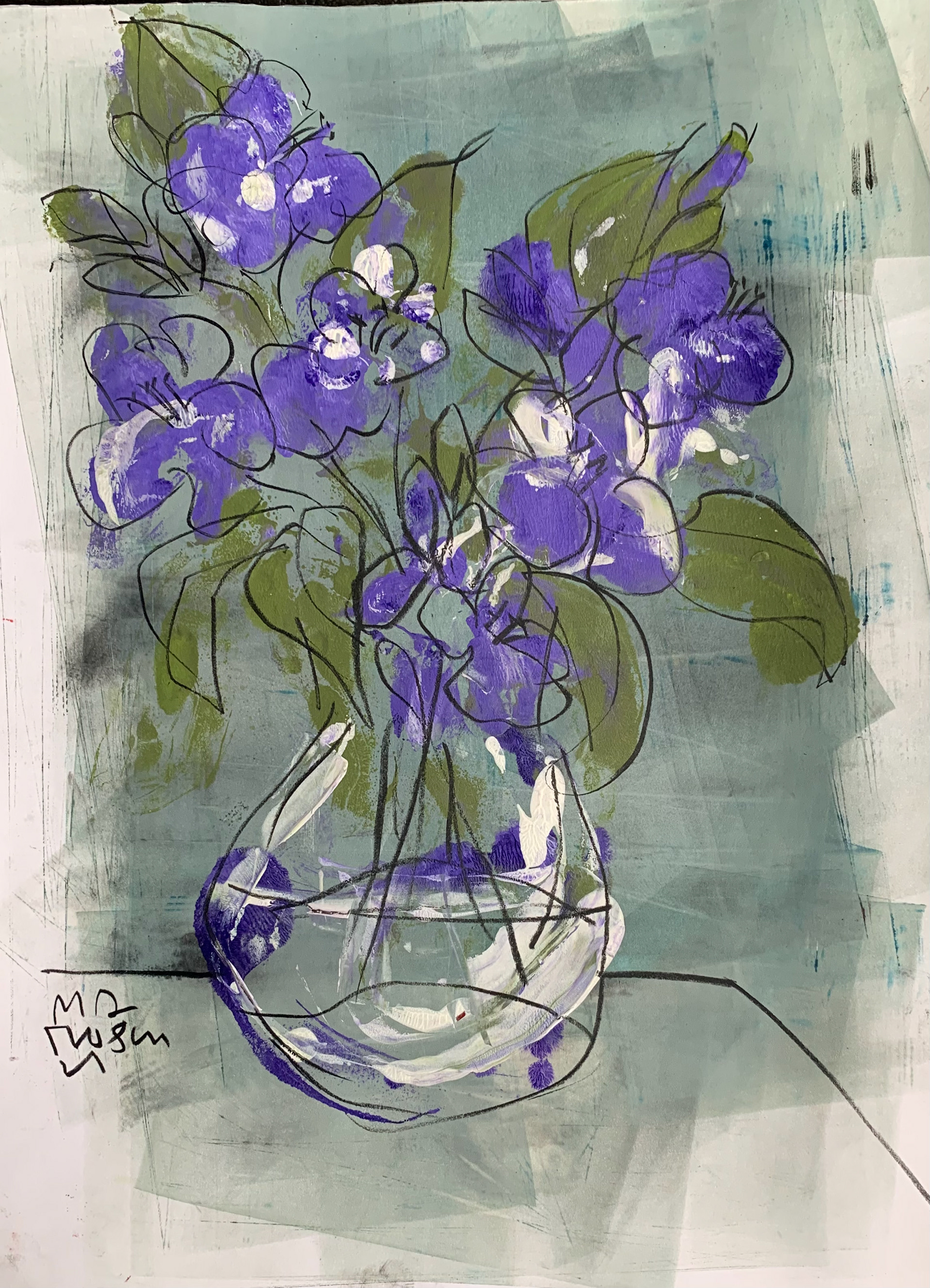 1 / SOLD Floral paintings, silkscreen ink and charcoal line. 20/ $250