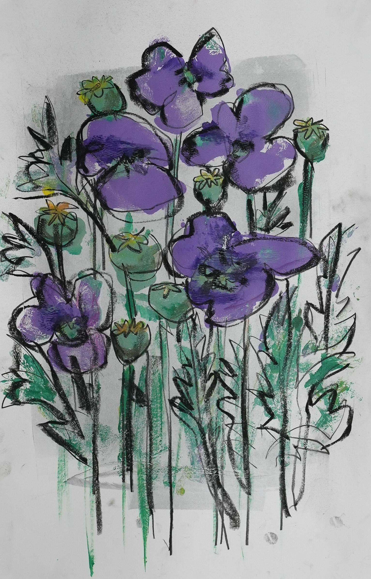 101 /SOLD Purple Poppies and Seed Pods (thicker lines), $275