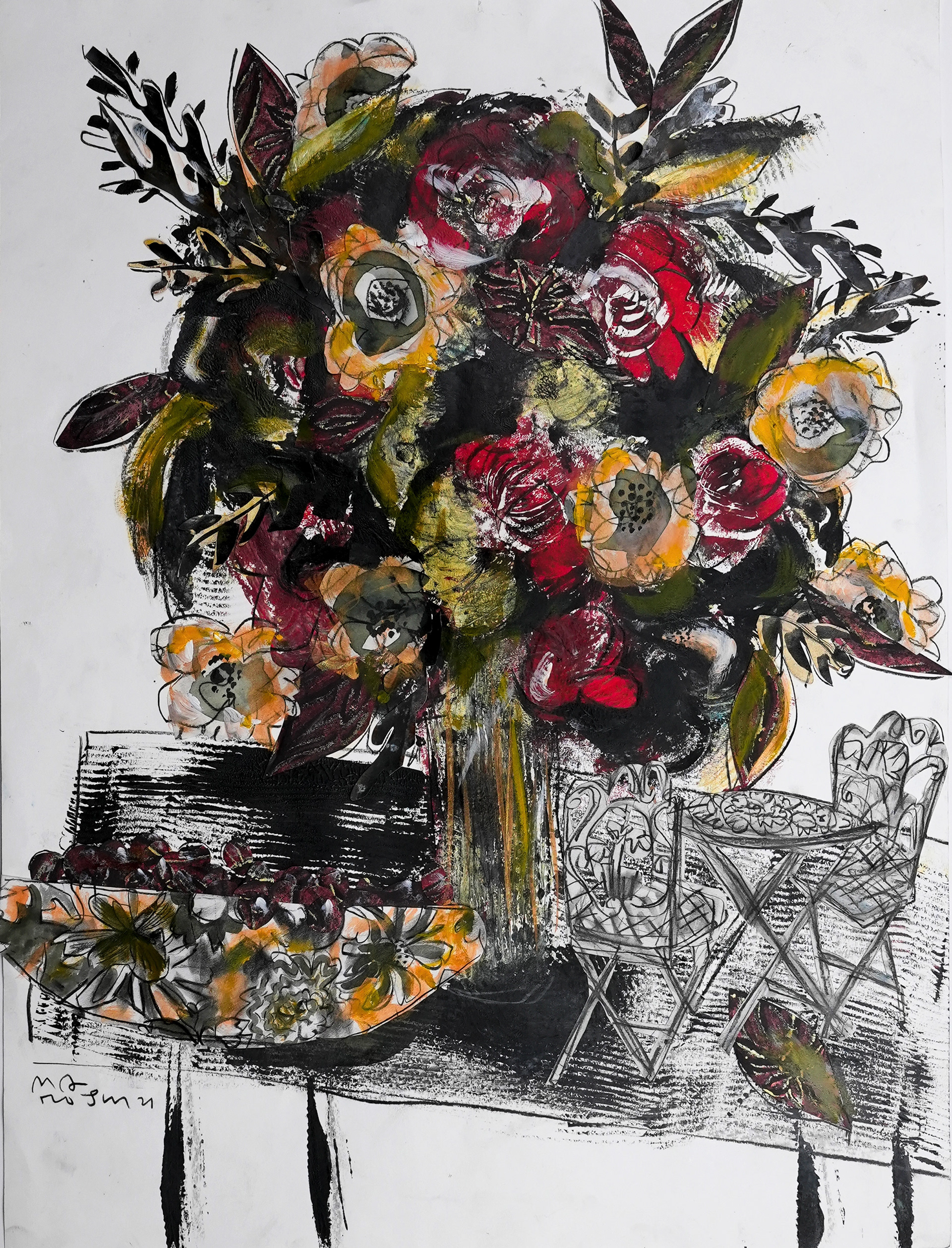 "Café Table and Chair Endangered by Overgrown Bouquet "