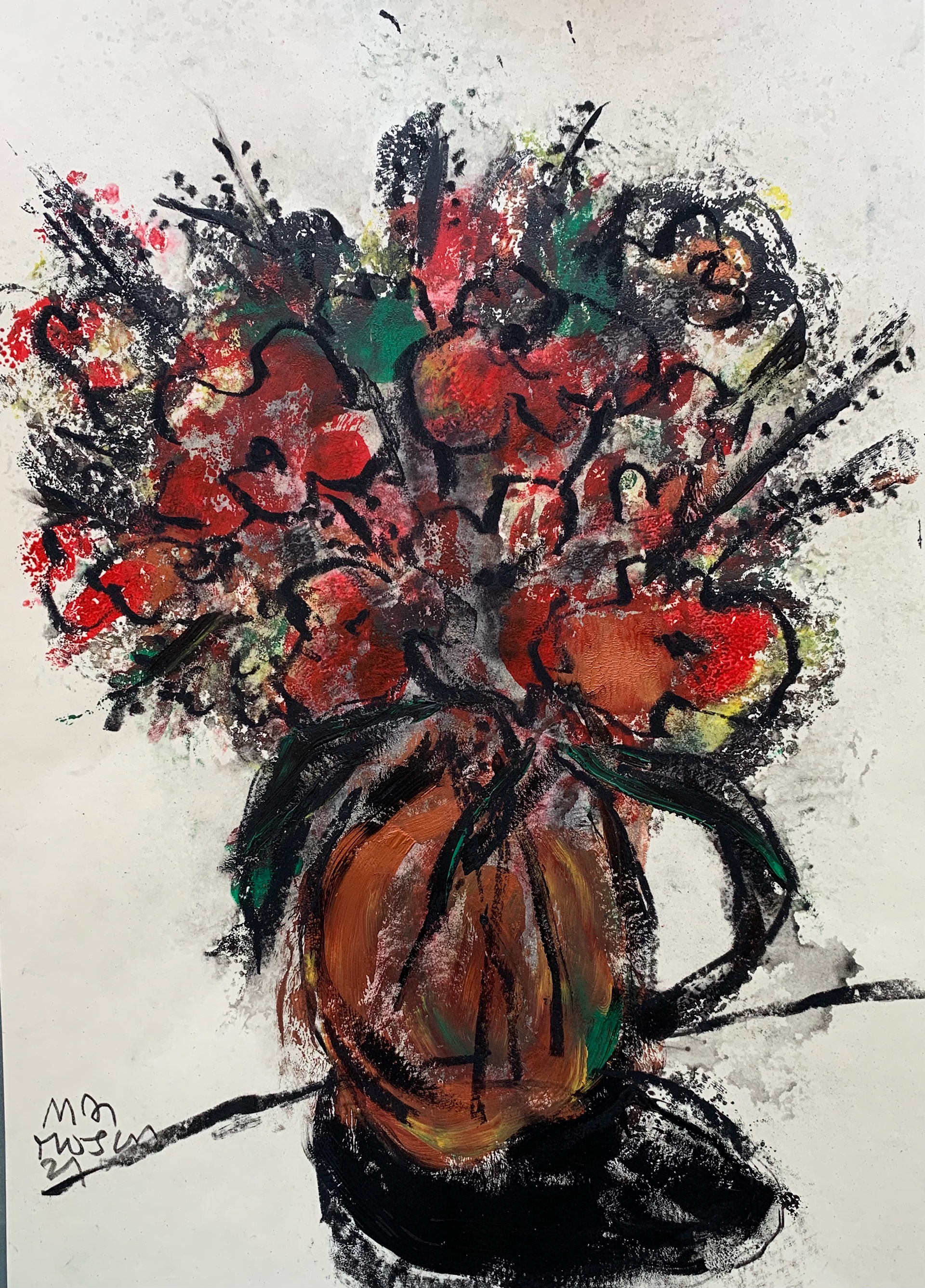 16 / Red Flowers in Darker Pitcher / 11 x 17 / $300