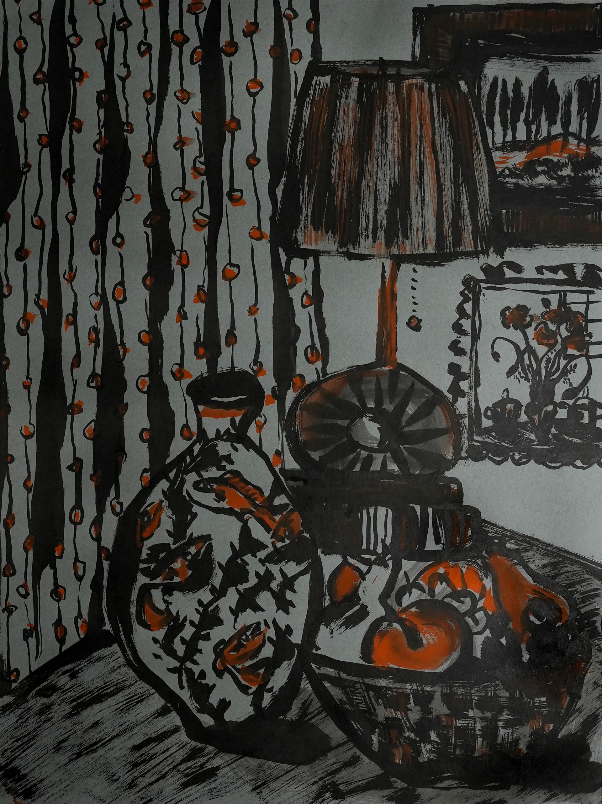 134 / Still Life with Fish Vase and Persimmons, 18 x 24 on Gray Stock / $425