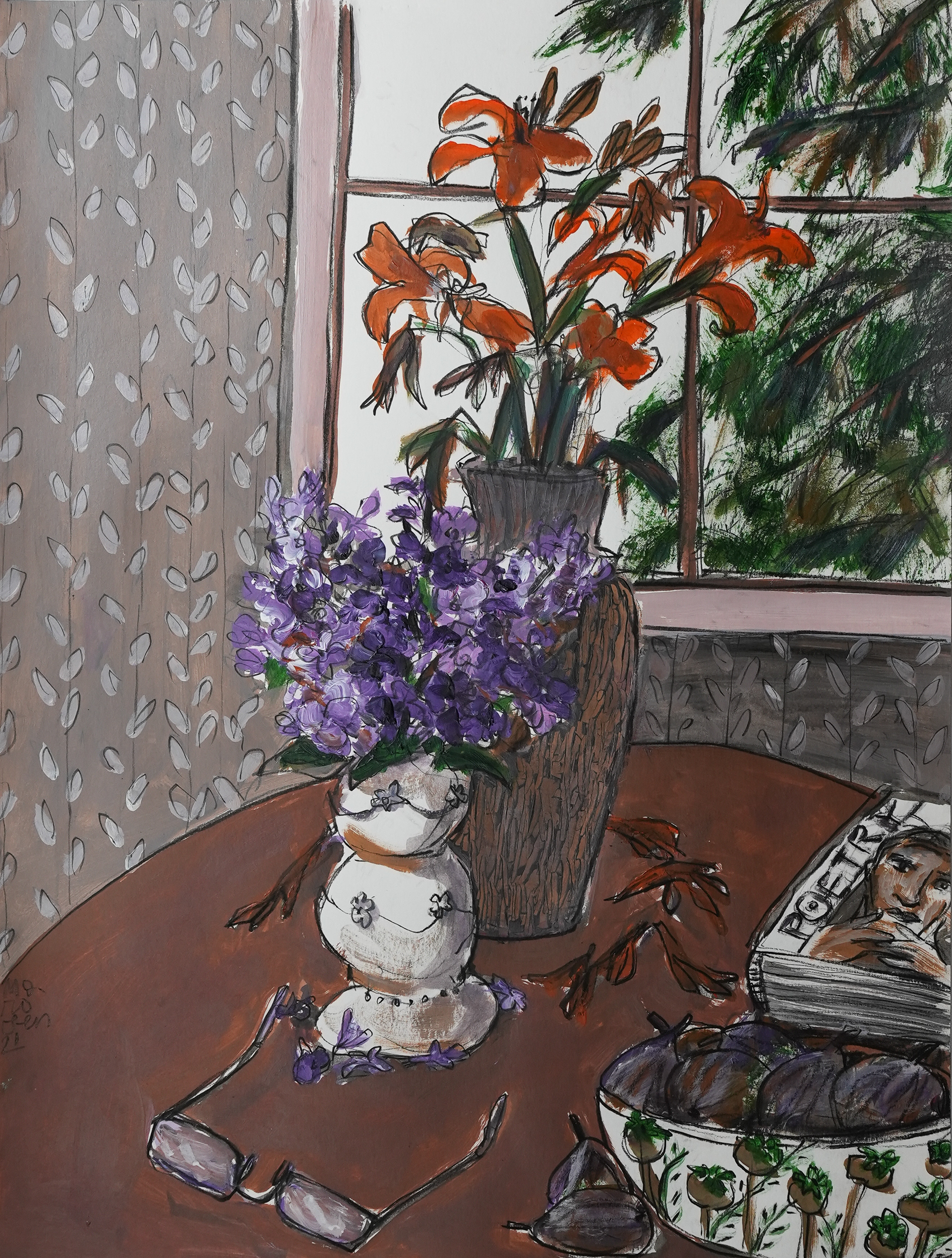 142 /Vases with Daylilies and Phlox, 18 x 24, acrylics on paper, $650