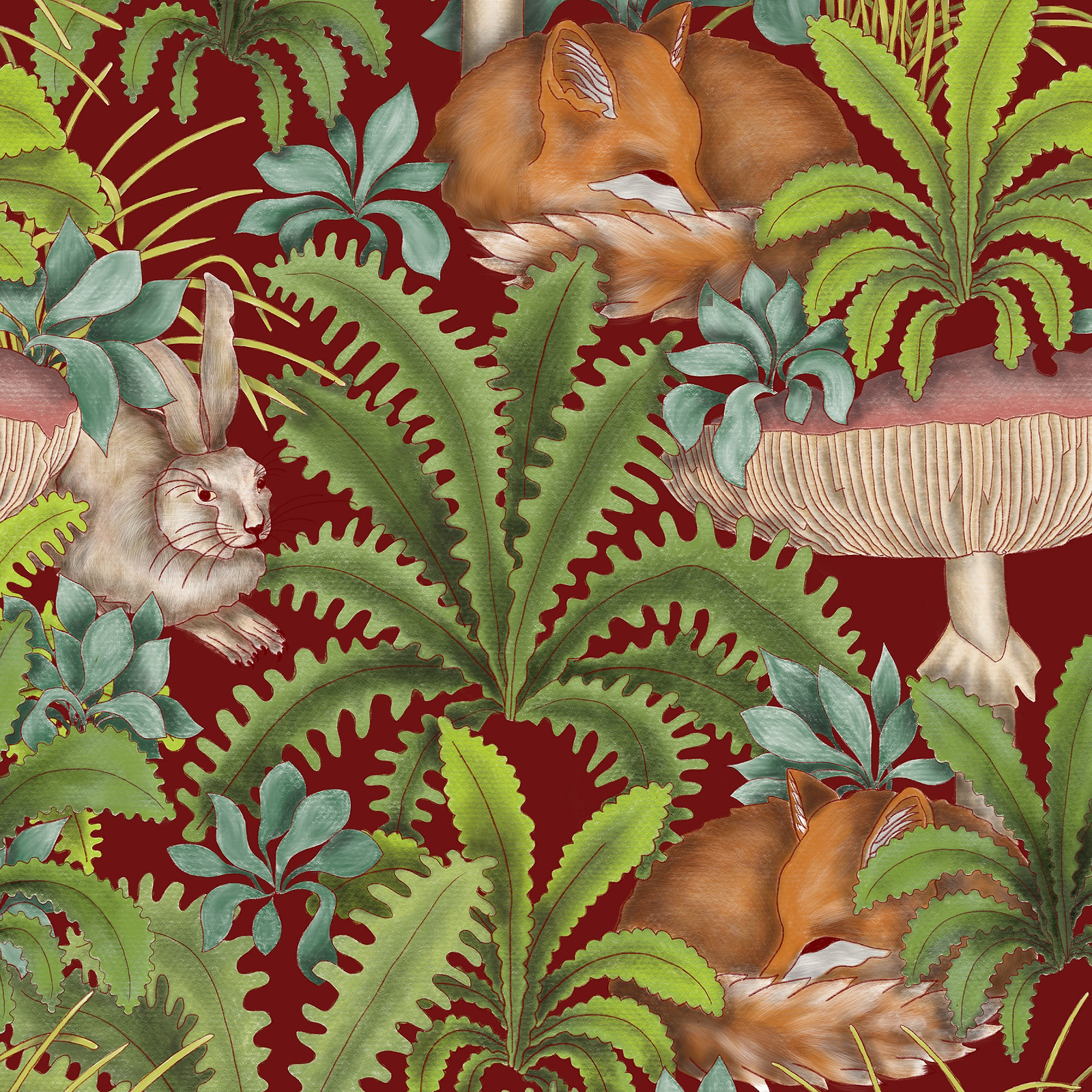 Forest pattern with foxes and hares - red background