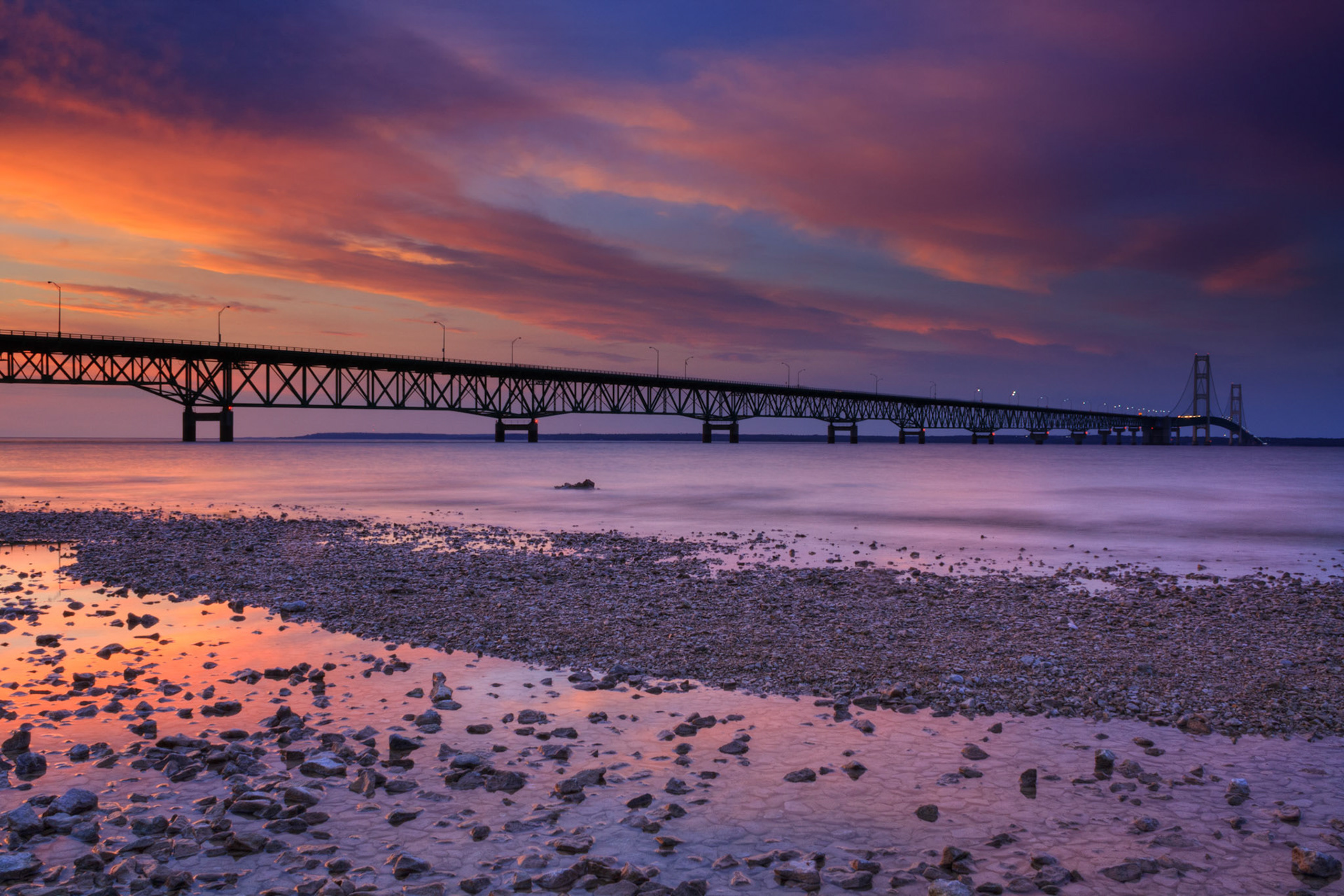 Sunset on the Mackinac Bridge, Mackinaw City, Michigan