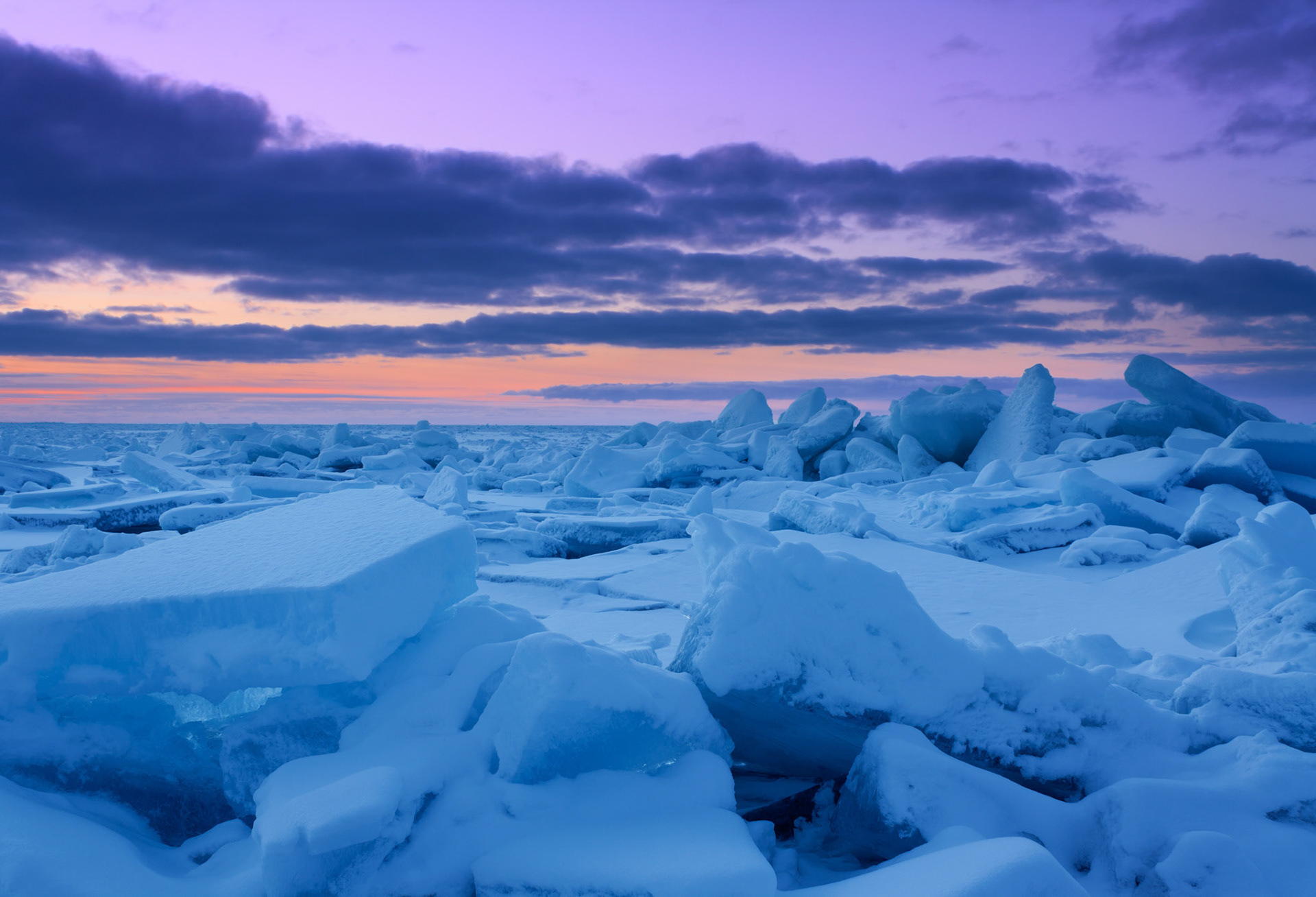 Sunset on the frozen Straits of Mackinac, Mackinaw City, Michigan