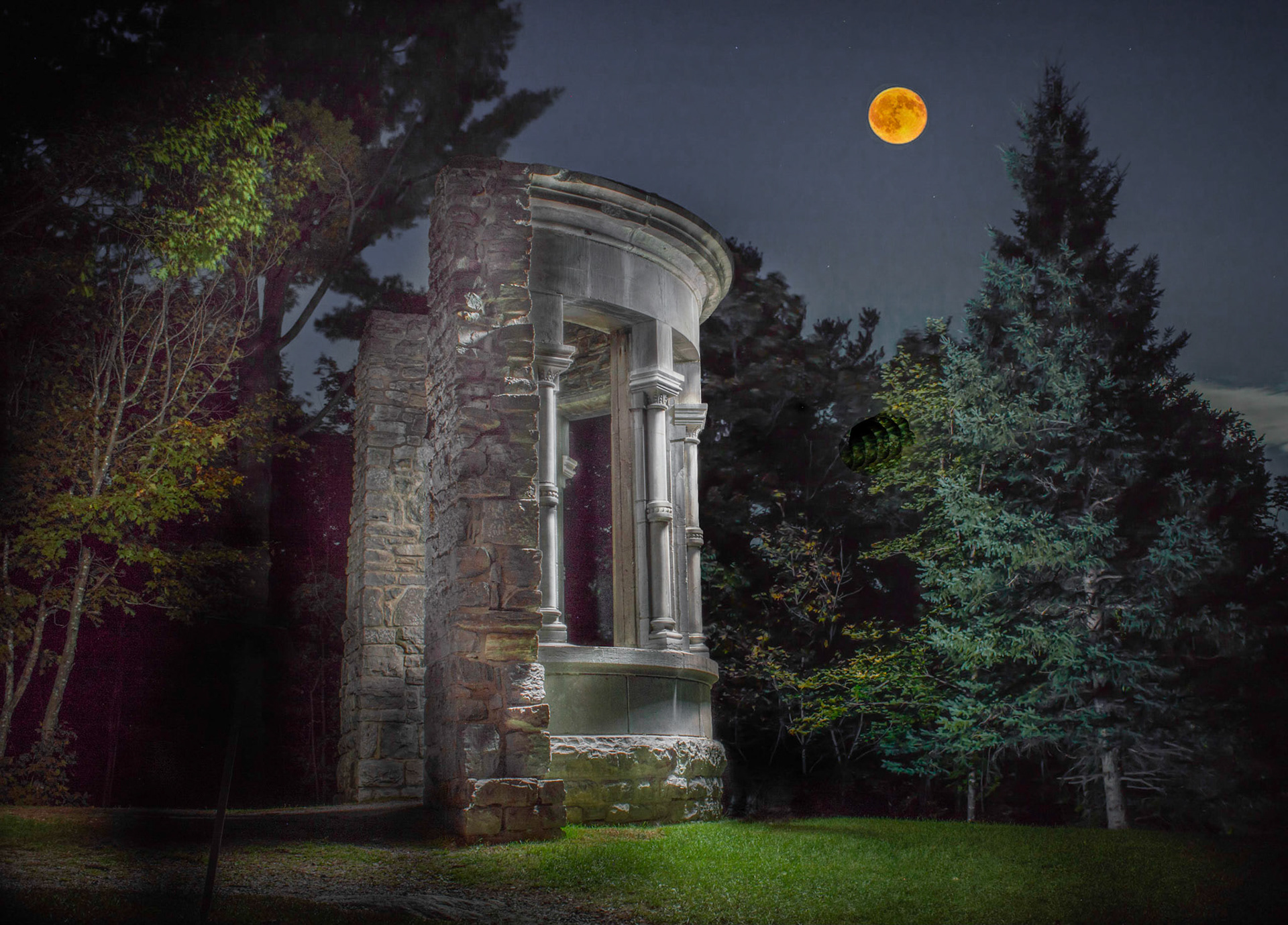 The moon above the Acropolis garden ruin at the MacKenzie King Estate in Gatineau Park