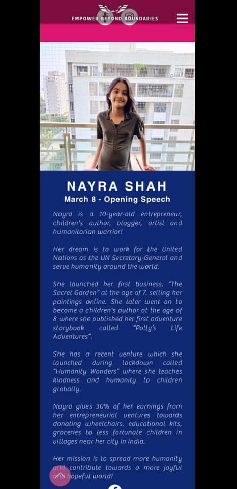 Opening speaker at women's day virtual world summit