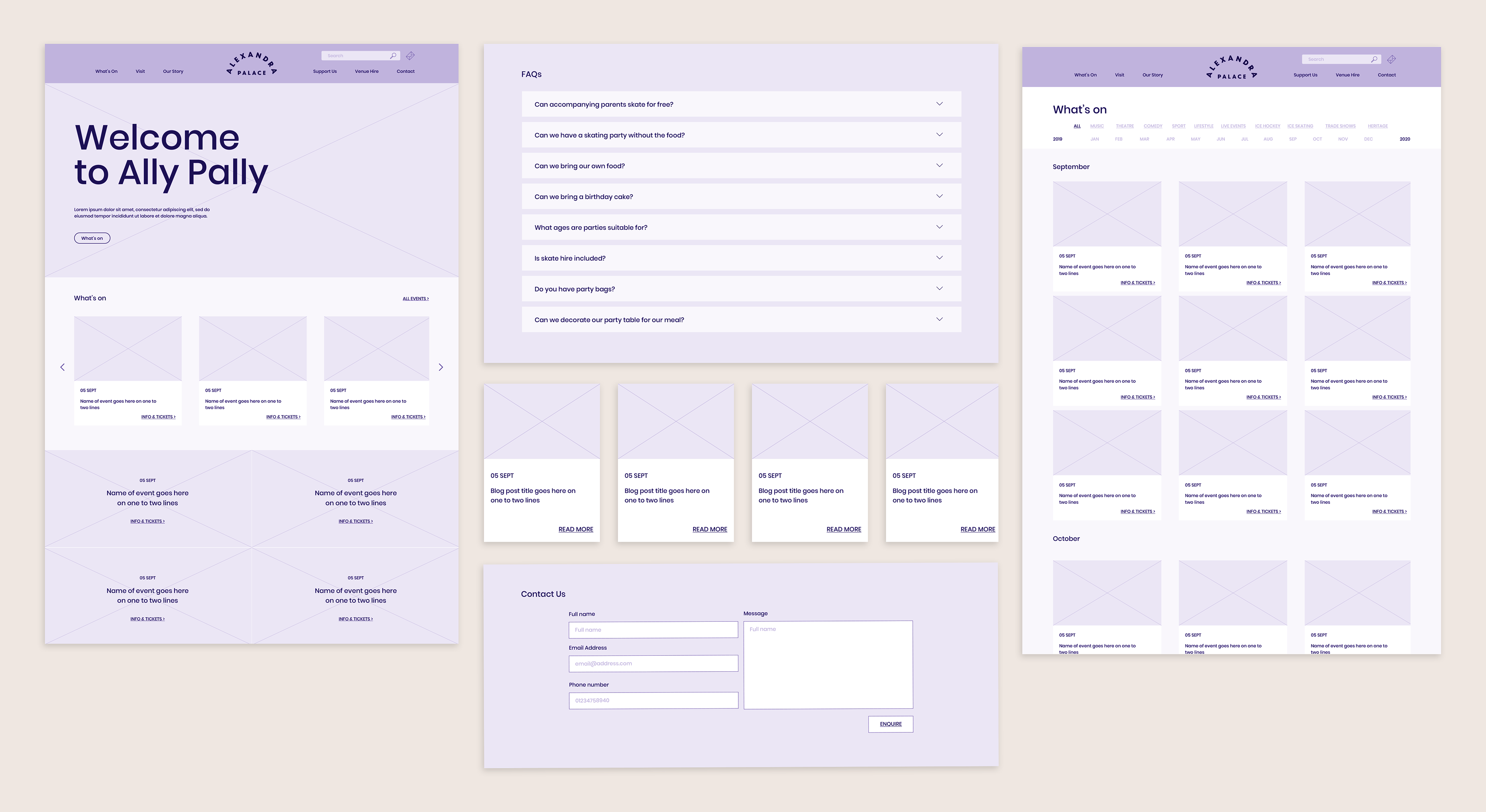 A selection of the wireframes in a purple hue
