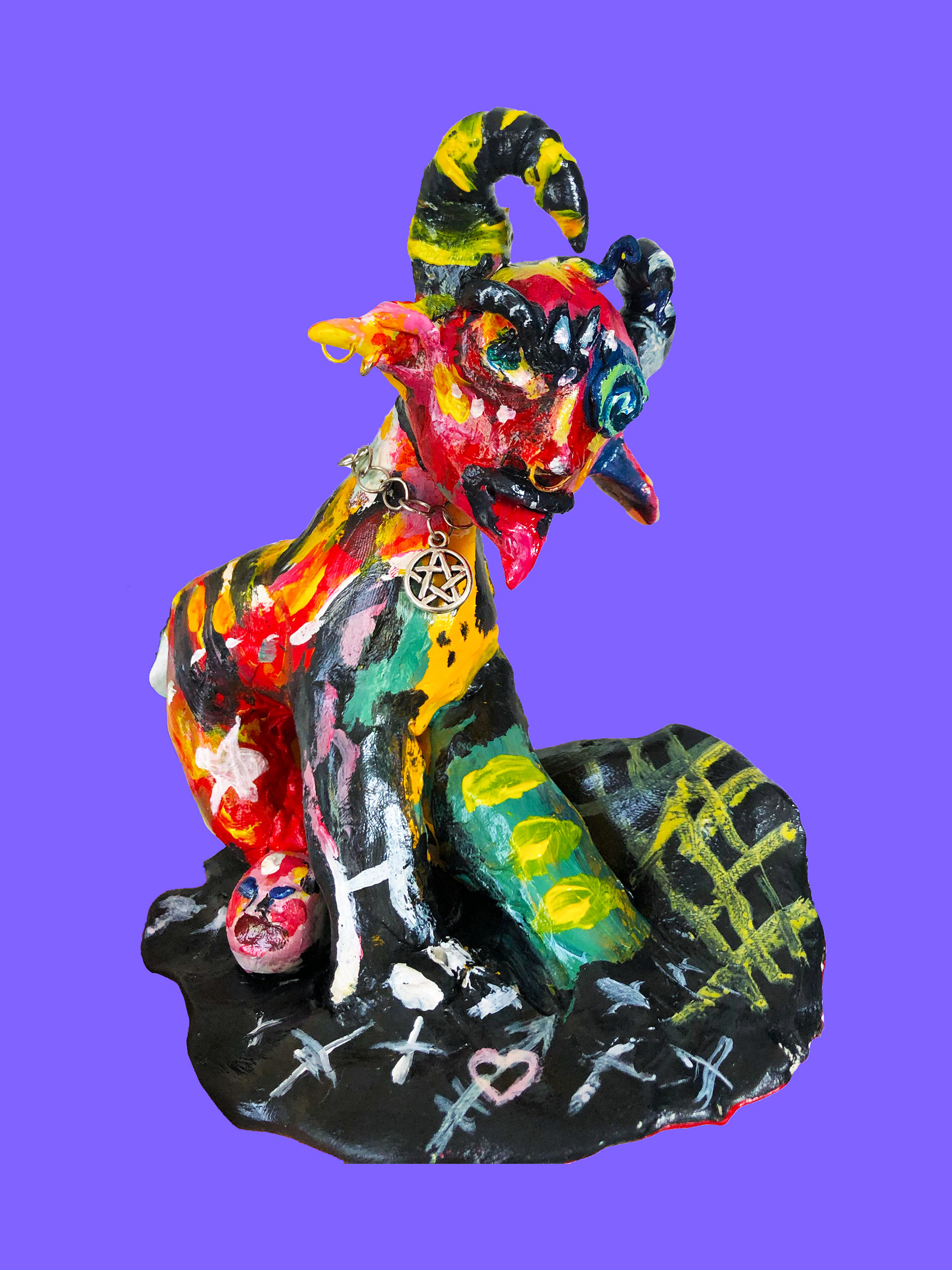 "a very super cool goat wearing a pentagram", 2020, polymer clay + acrylic, 5.75 x 5.5. x 3"