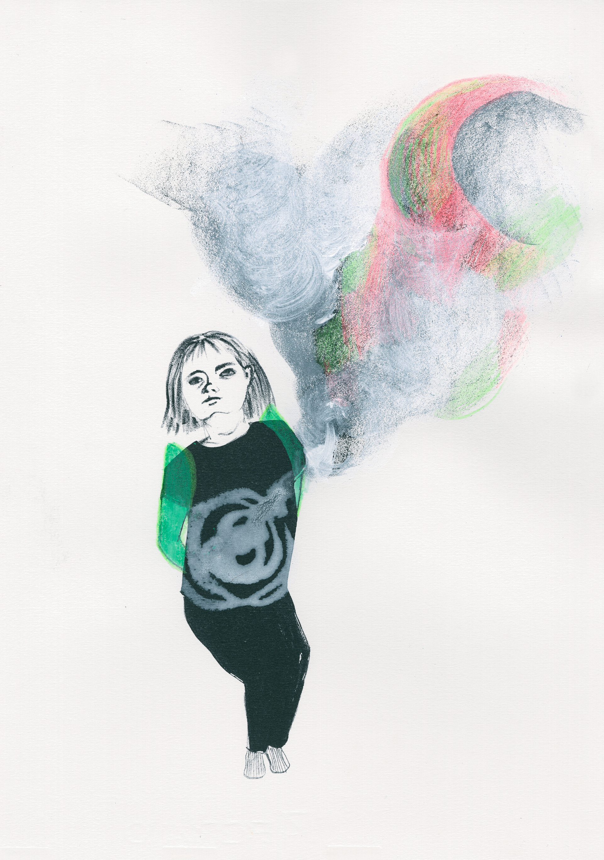 It's Not My Fault II (2014), gouache and color pencil on lithograph, unique, 30 x 20 cm