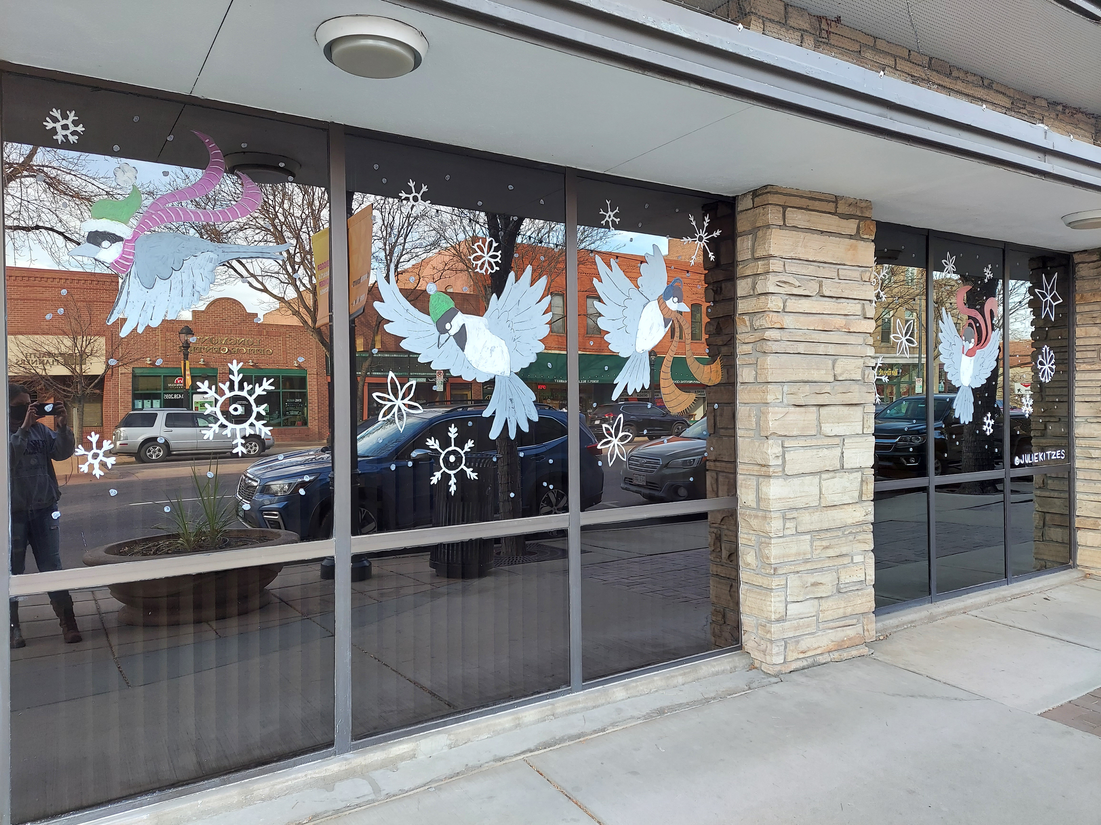 Chickadee Parade, Winter Window Mural, Longmont, CO, 2021