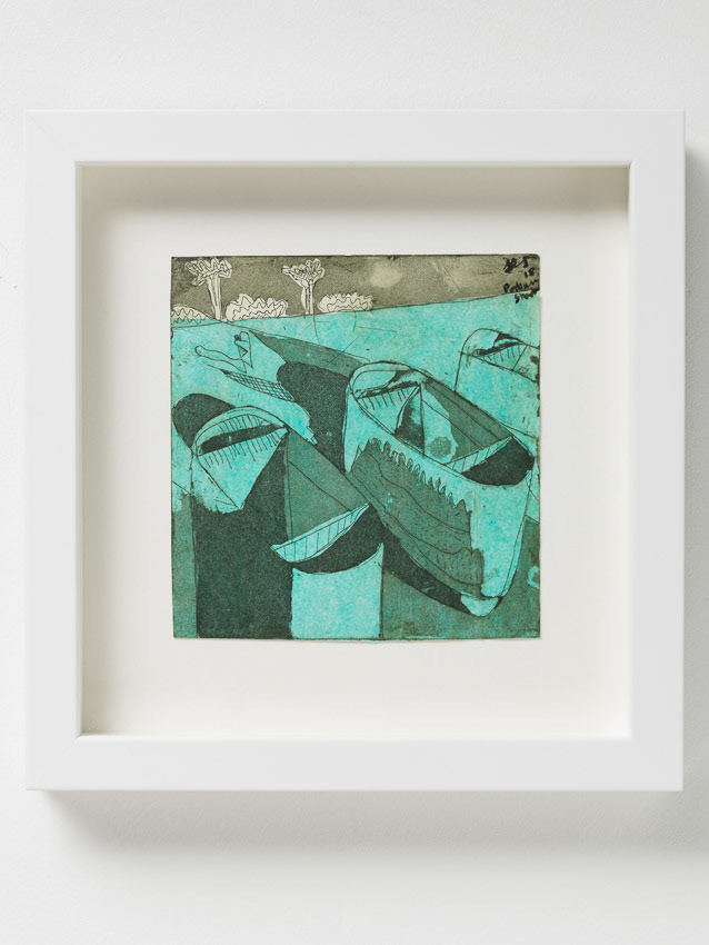 Podium Shadows (Bauhaus Green) Etching in Aquatint with Chine-Colle (mono print) 25 x 24.4 x 4