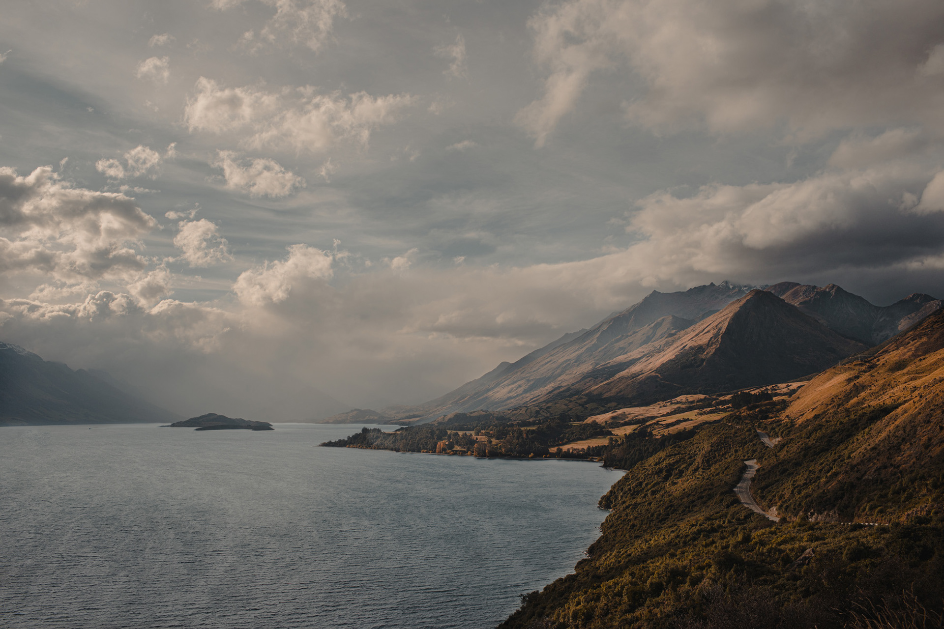 More lake views, this time a moody sky above Lake Wakatipu on the drive out to Glenorchy