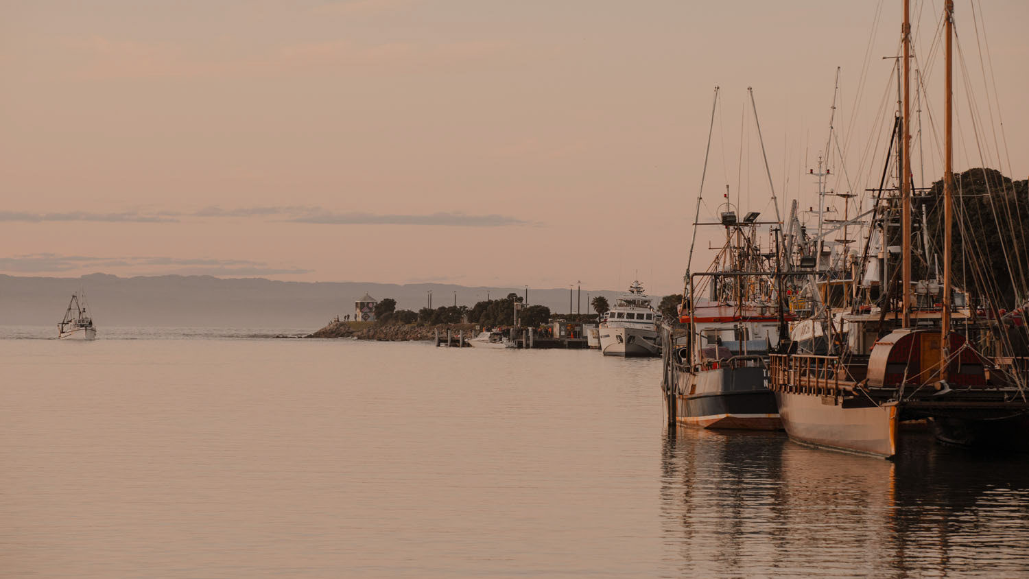 Ahuriri marina at sunrise with fishing boat returning to dock