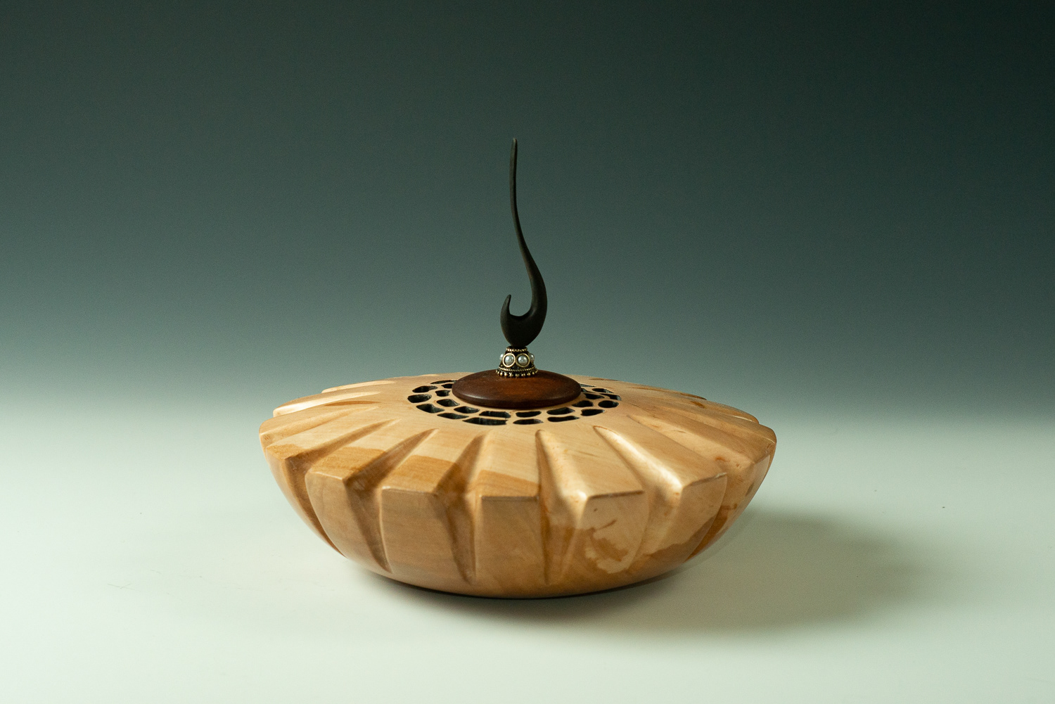 Pear hollow form - carved, pierced with Chechen and Ebony Finial - 8" x 7" - $240