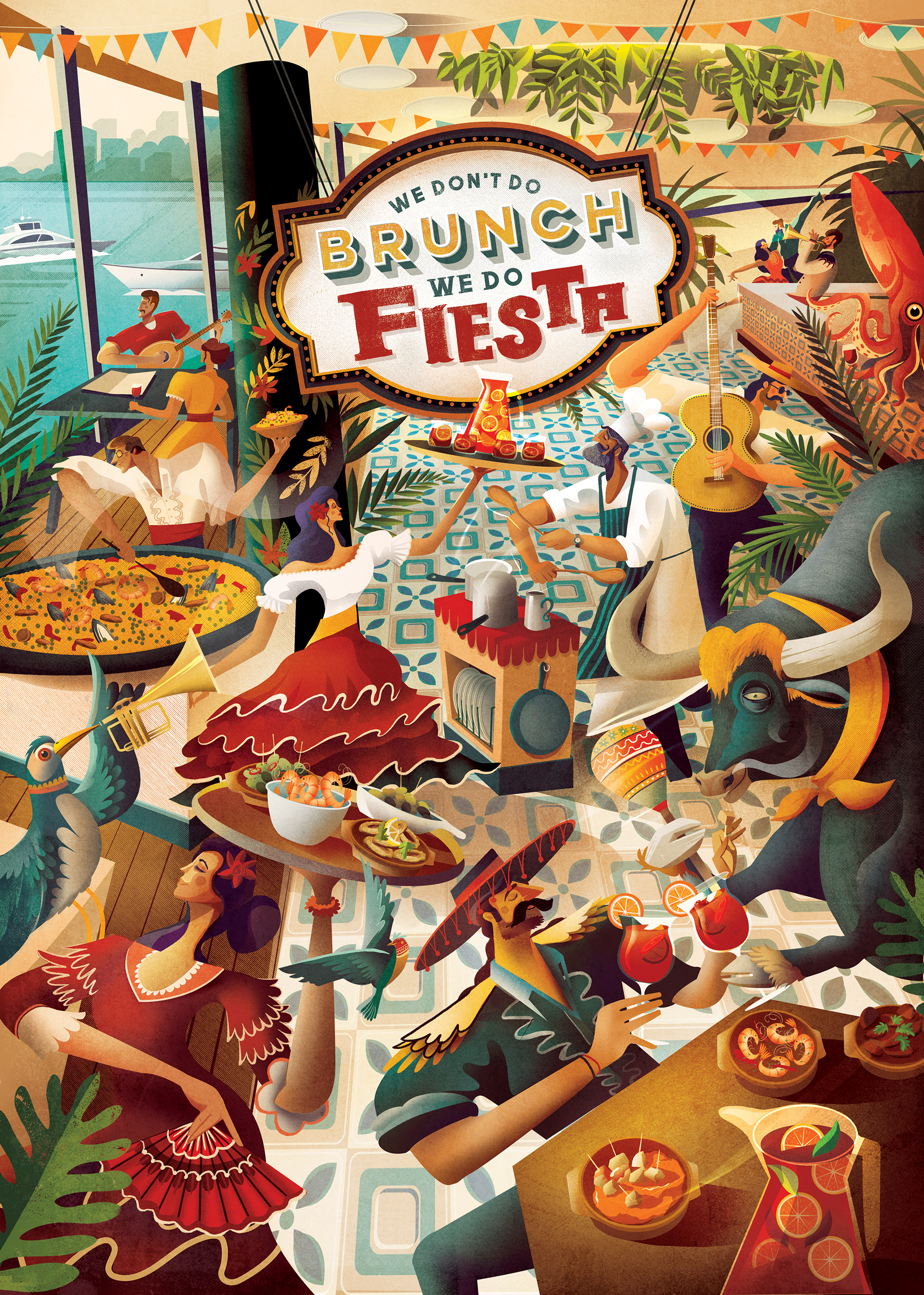 Key visual for the brunch promotion at the spanish restaurant Casa de Tapas. Illustrated by a a famous english illustrator.