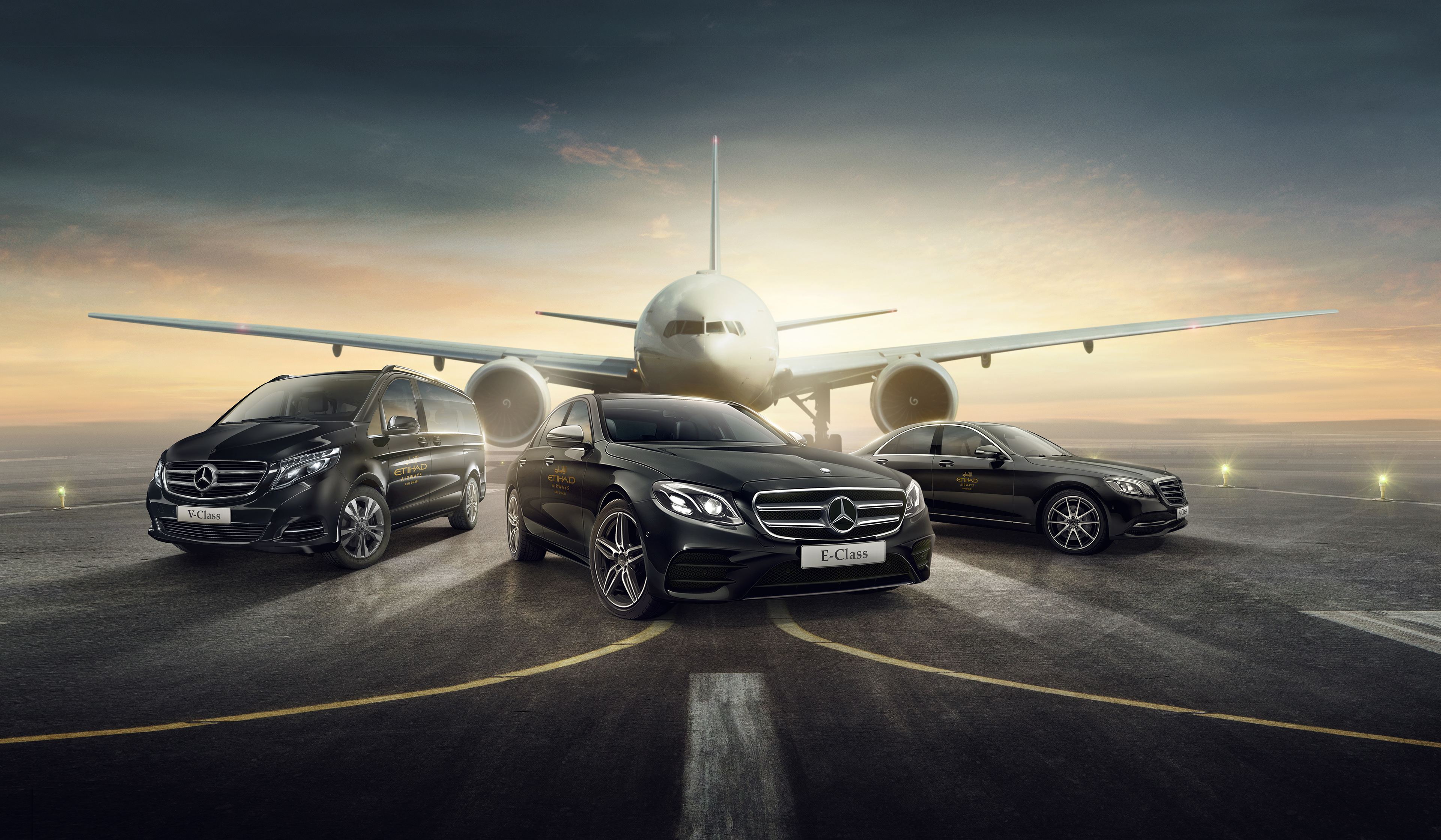 Campaign / Key Visual of the Mercedes Benz E-Class, V-Class, C-Class and an Etihad Airways aircraft on the runway of Abu Dhabi.