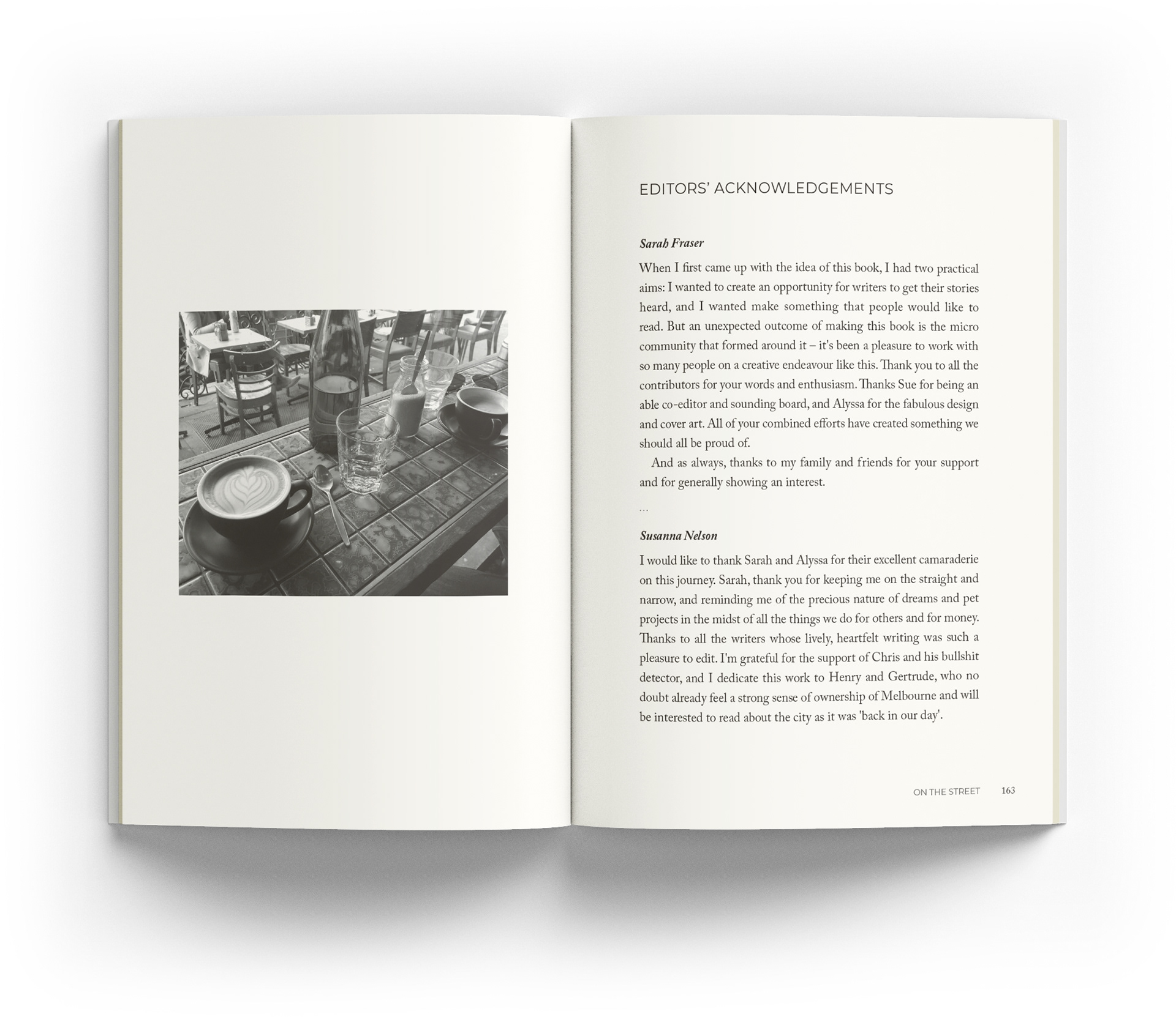Internal spread of the book design, showing a photograph of coffee in a café, with the editors notes on the opposite page.